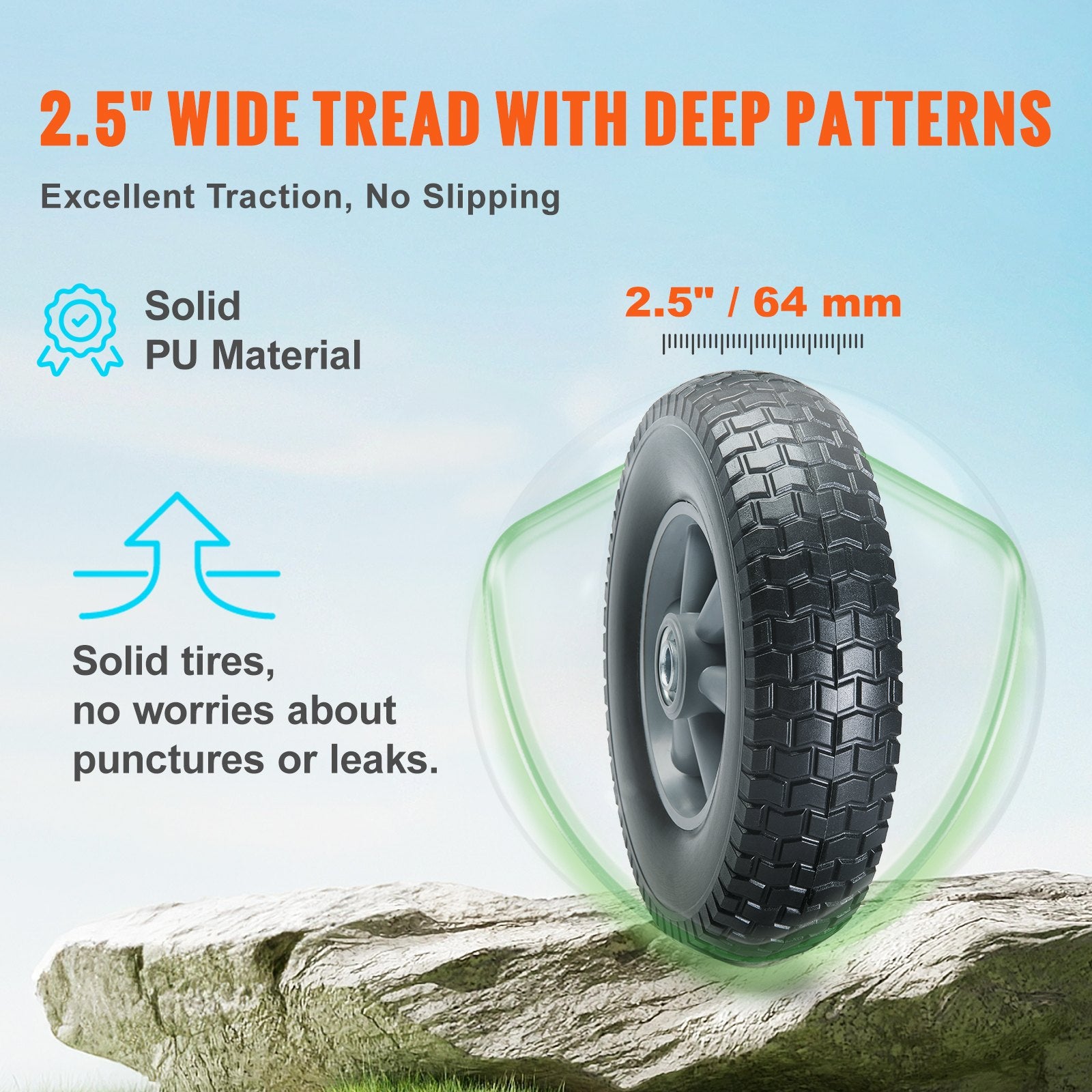 2-Pack 254mm Solid PU Run-Flat Wheels, 81.6kg Dynamic Load, Flat Free for Carts