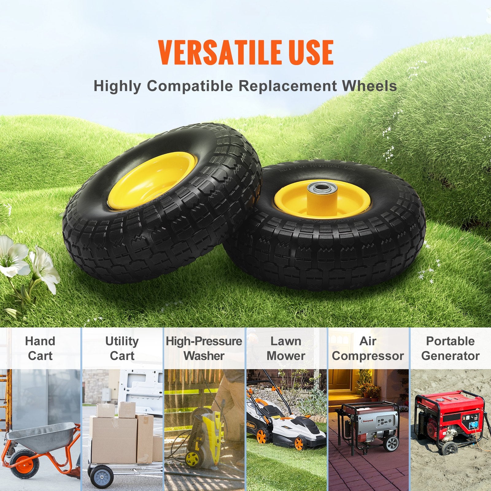 2-Pack 254mm Solid PU Run-Flat Wheels, 181.4kg Dynamic Load, Flat Free for Carts