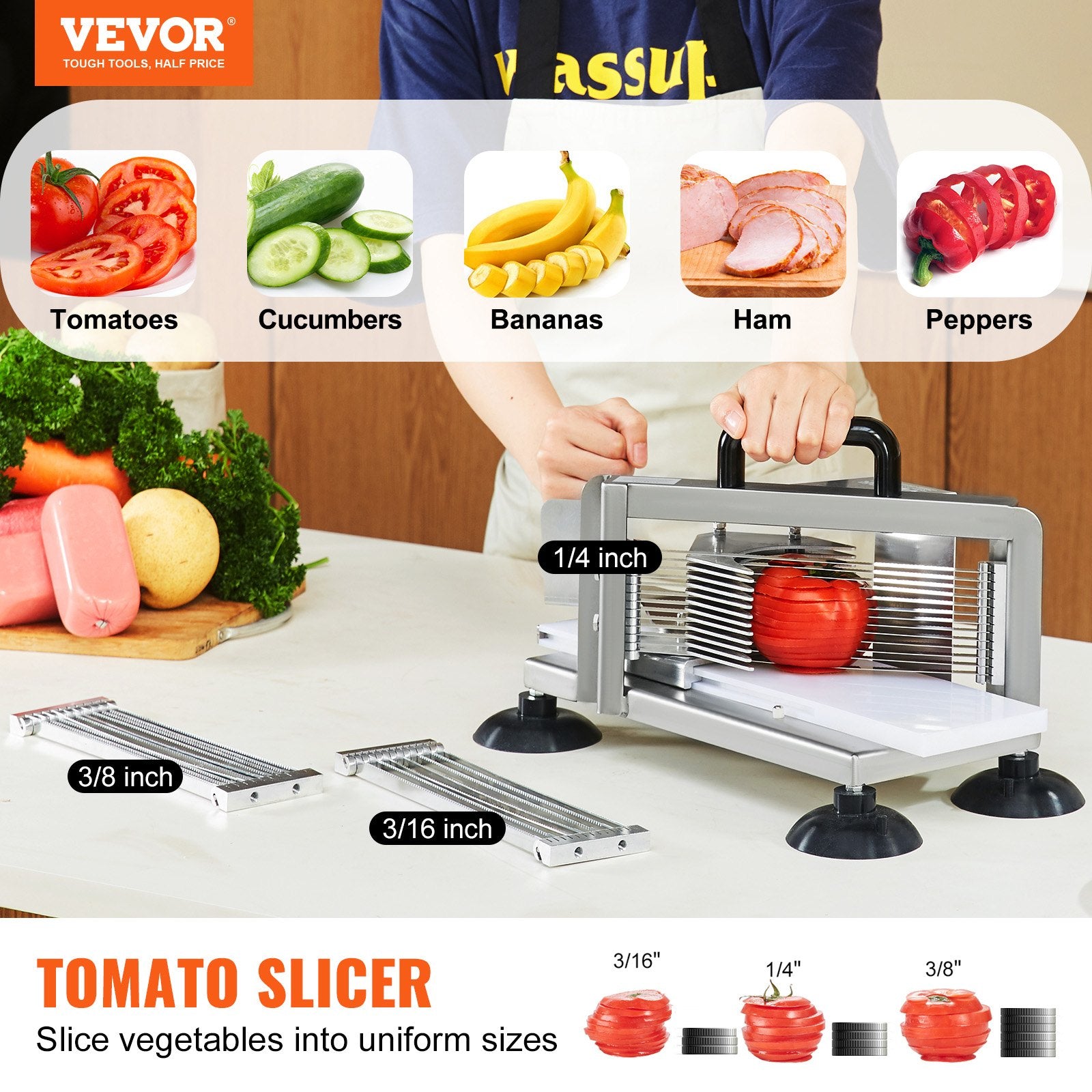 Commercial Tomato Slicer Stainless Steel Manual Tomato Cutter 1/4"+3/8"+3/16"