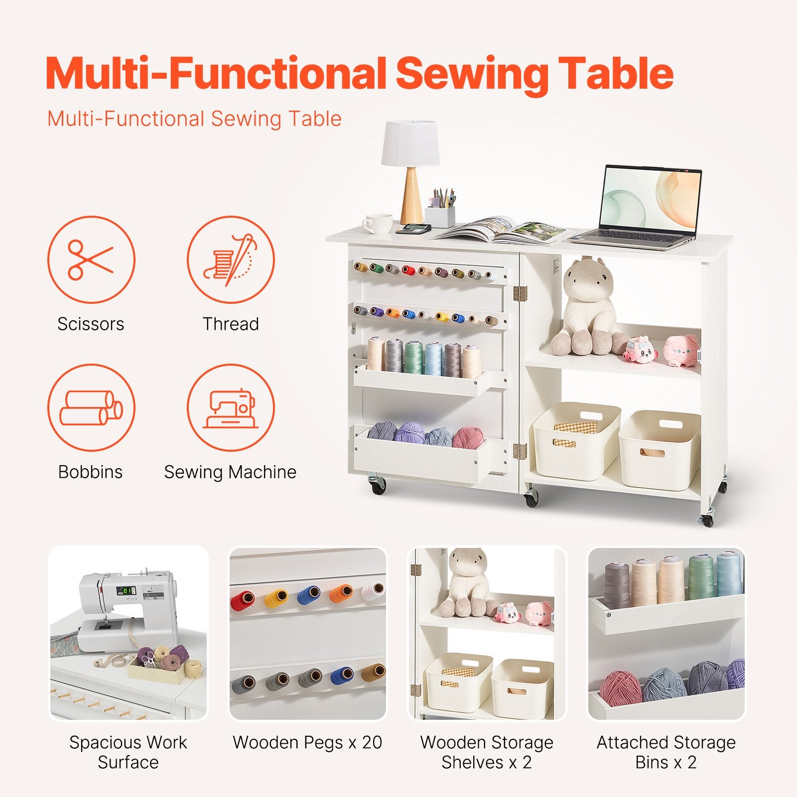 Folding Sewing Table with Wheels, Shelves, Storage, Cabinet for Sewing Machine