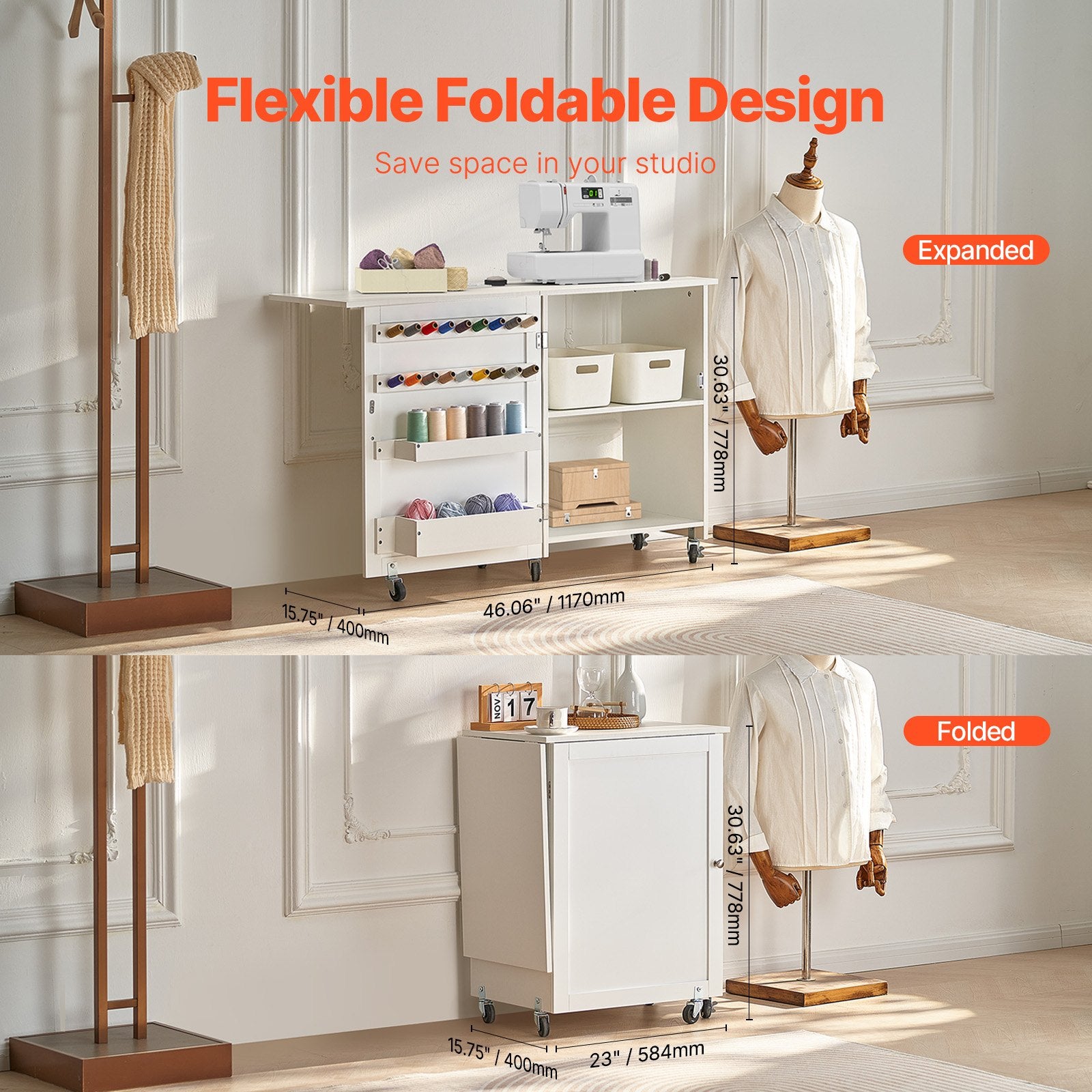 Folding Sewing Table with Wheels, Shelves, Storage, Cabinet for Sewing Machine