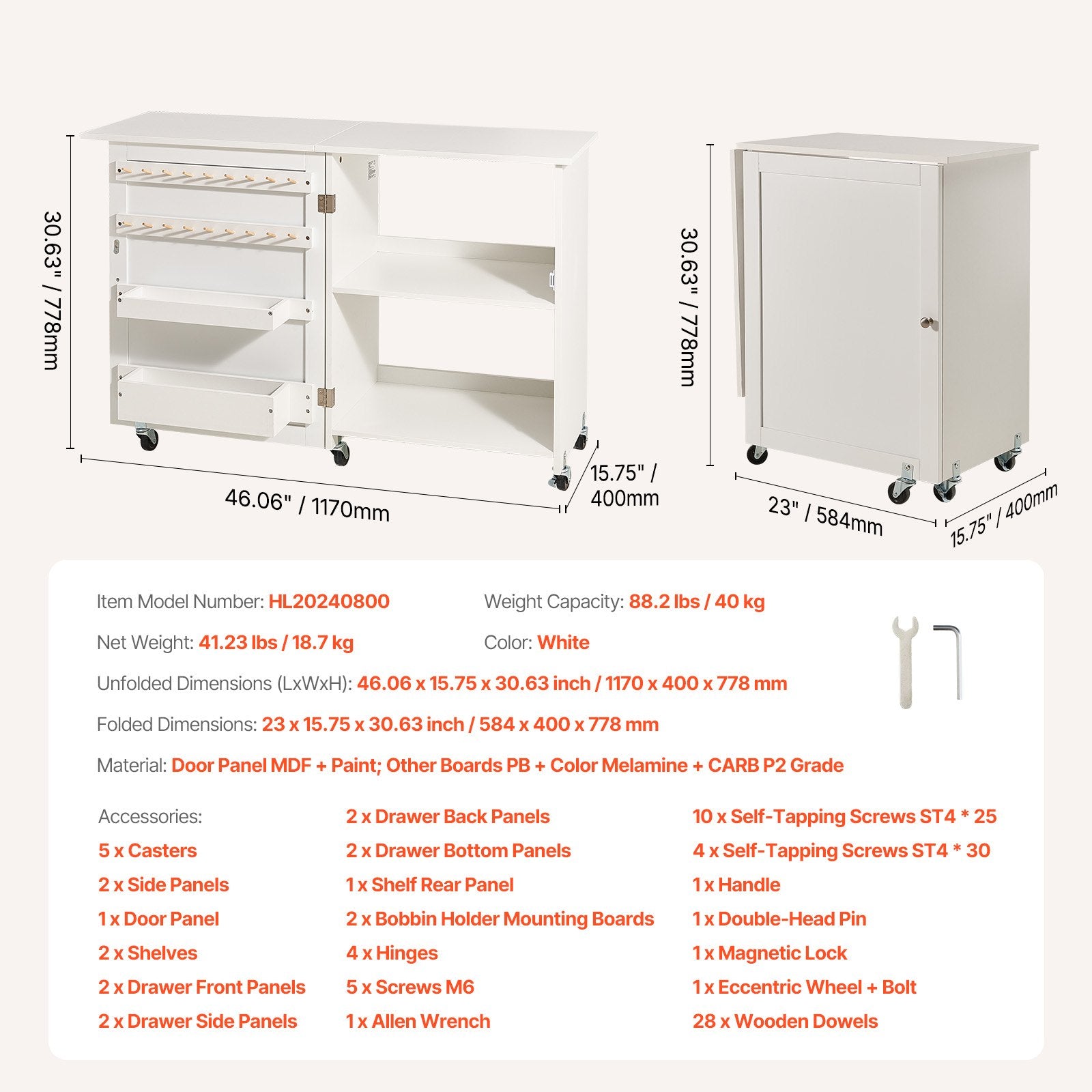 Folding Sewing Table with Wheels, Shelves, Storage, Cabinet for Sewing Machine