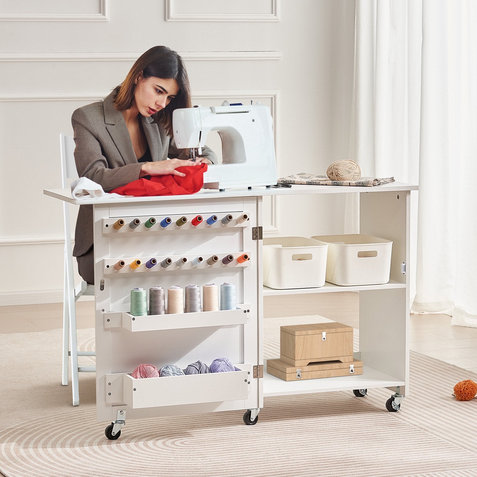 Folding Sewing Table with Wheels, Shelves, Storage, Cabinet for Sewing Machine