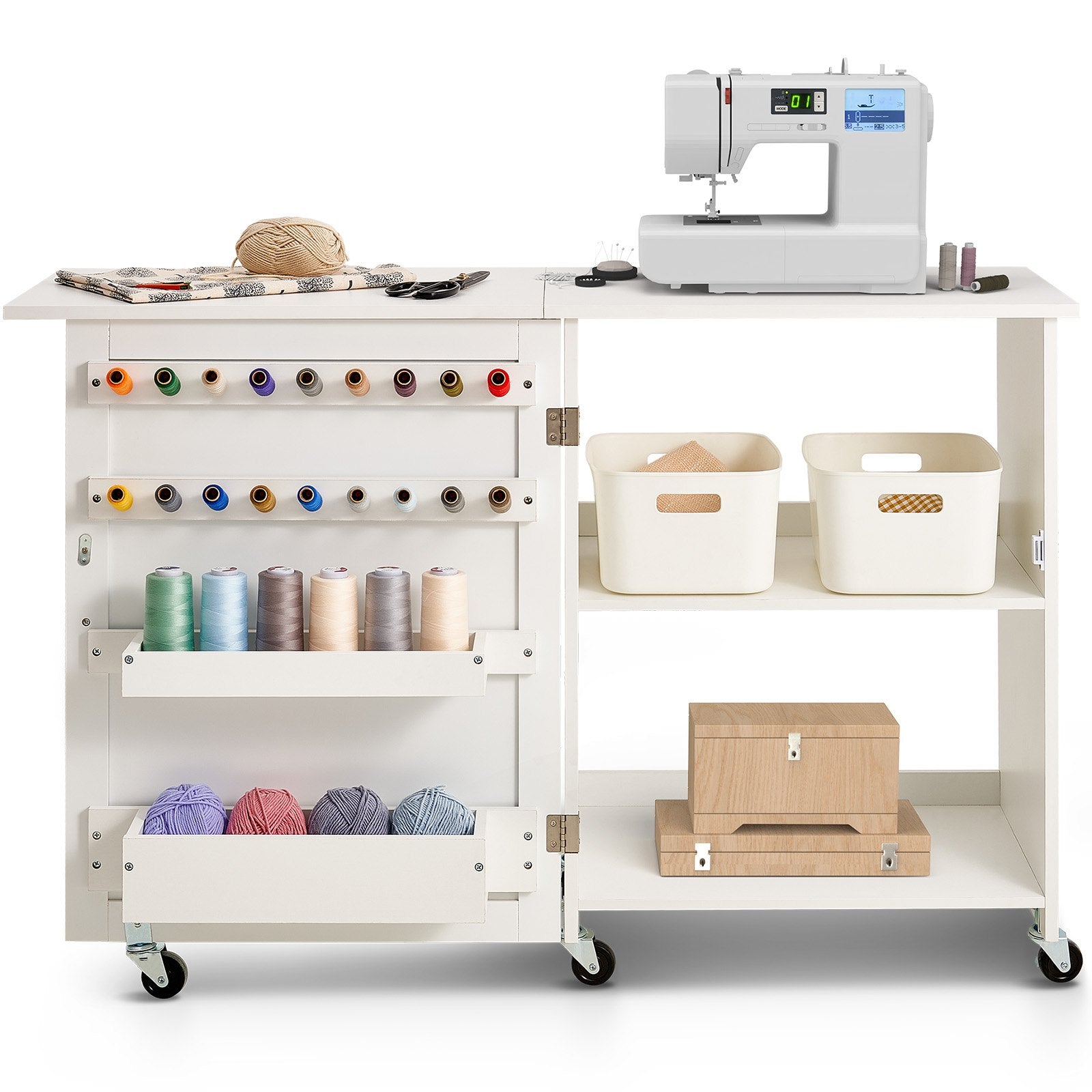 Folding Sewing Table with Wheels, Shelves, Storage, Cabinet for Sewing Machine