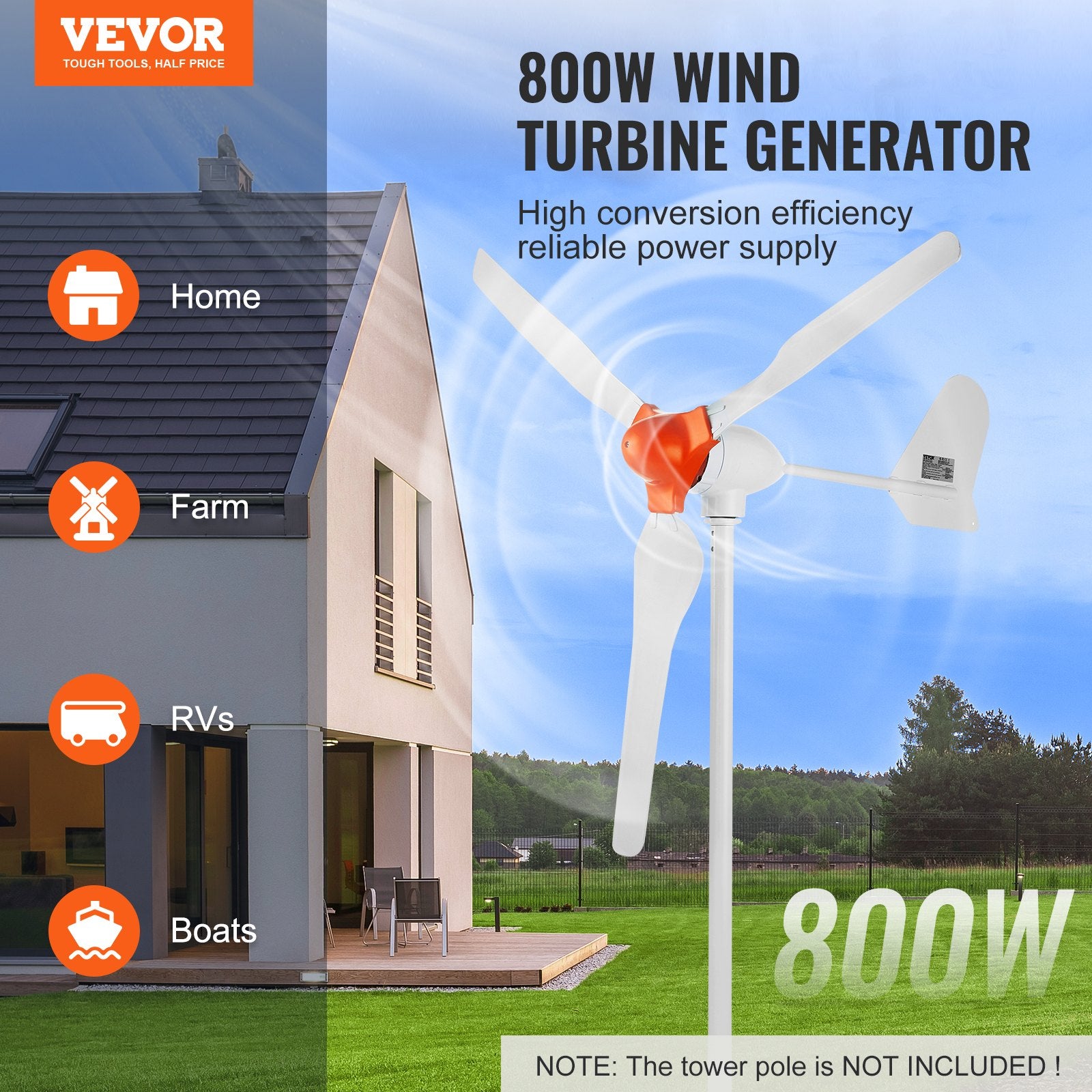 800W Wind Turbine Generator 12V 3 Blade Kit with MPPT Controller