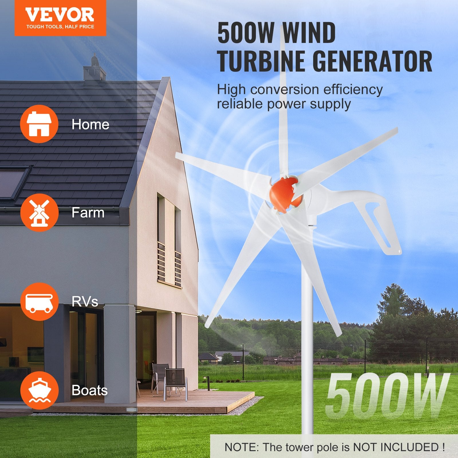 500W 12V Wind Turbine Generator 5-Blade Kit with MPPT Controlle