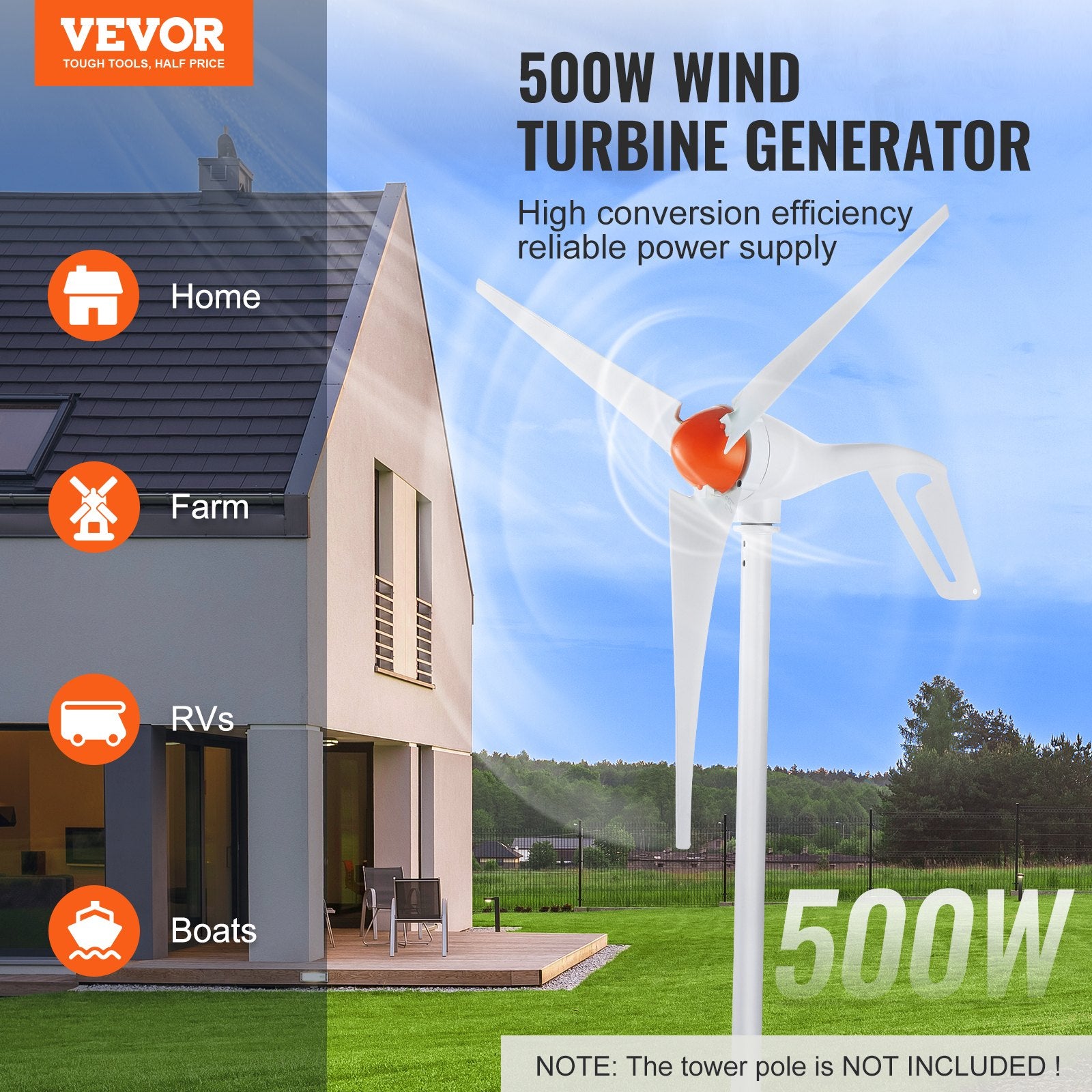 500W Wind Turbine Generator 12V 3-Blade Kit with MPPT Controller & Anemometer