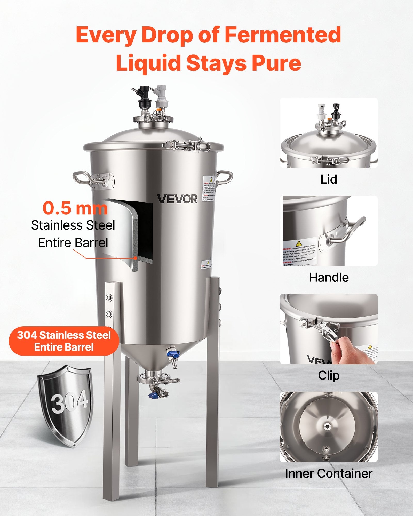 Stainless Steel 8 Gal/30L Conical Fermenter with Legs, Lid, Handle & Thermometer