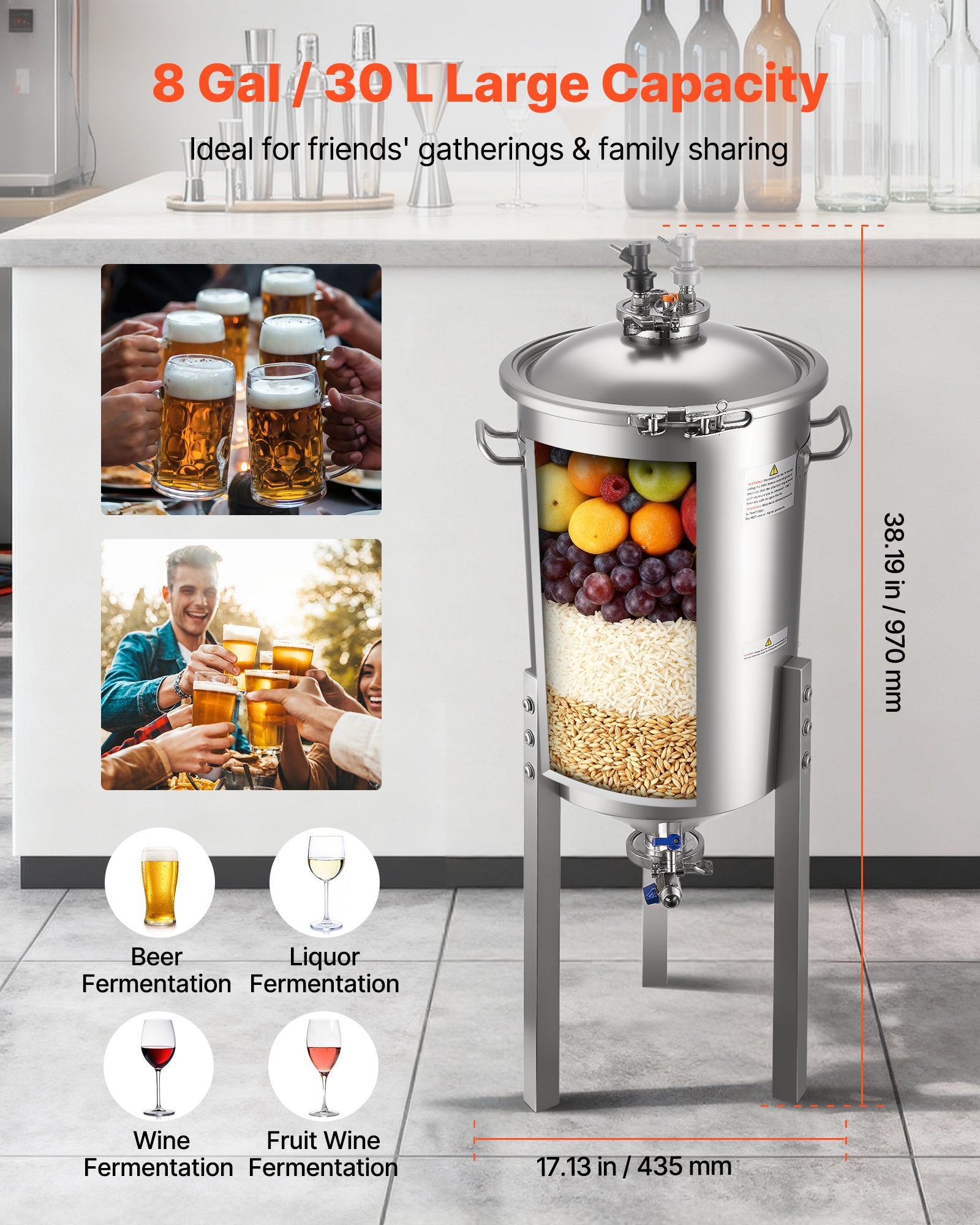 Stainless Steel 8 Gal/30L Conical Fermenter with Legs, Lid, Handle & Thermometer