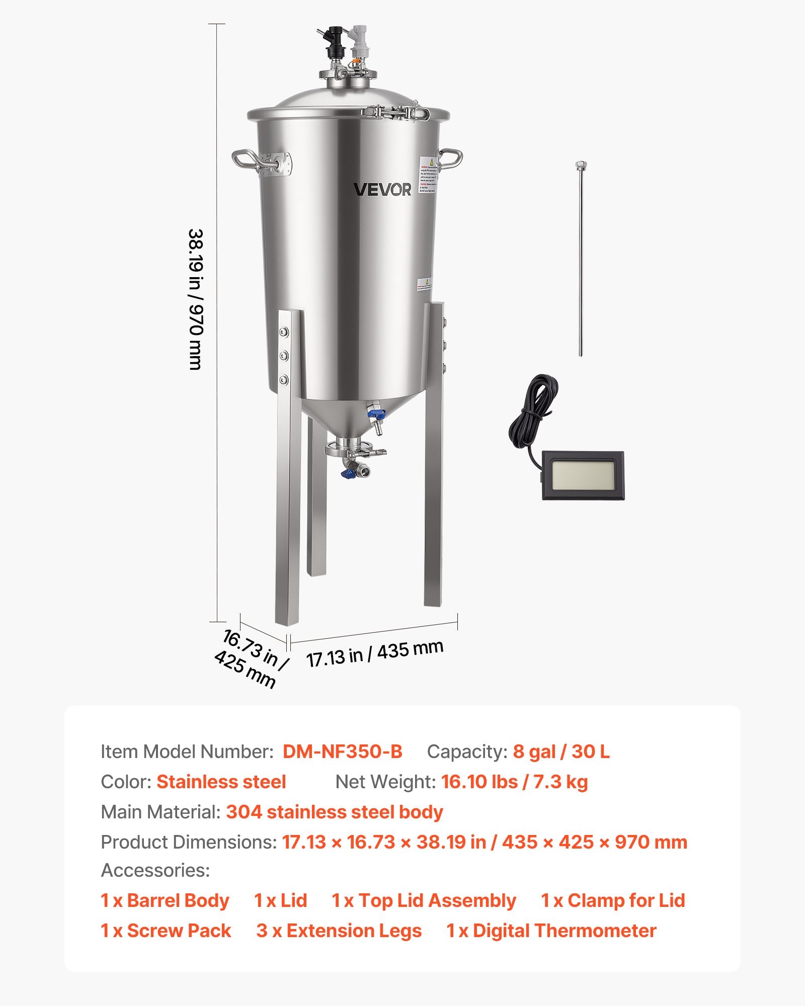 Stainless Steel 8 Gal/30L Conical Fermenter with Legs, Lid, Handle & Thermometer