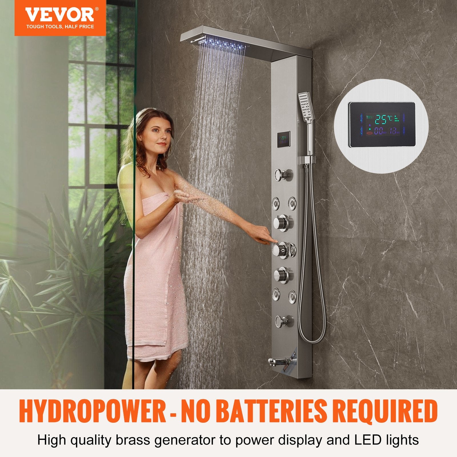 Shower Panel System 6 Modes LED Display 8 Massage Jets Rainfall Handheld Tub Spout