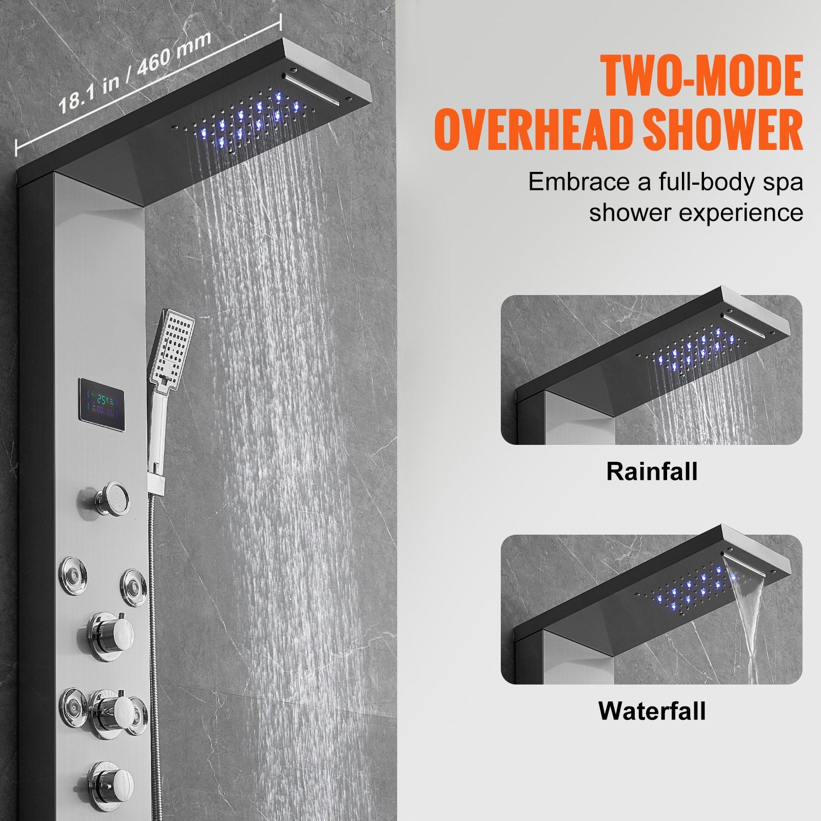 Shower Panel System 6 Modes LED Display 8 Massage Jets Rainfall Handheld Tub Spout