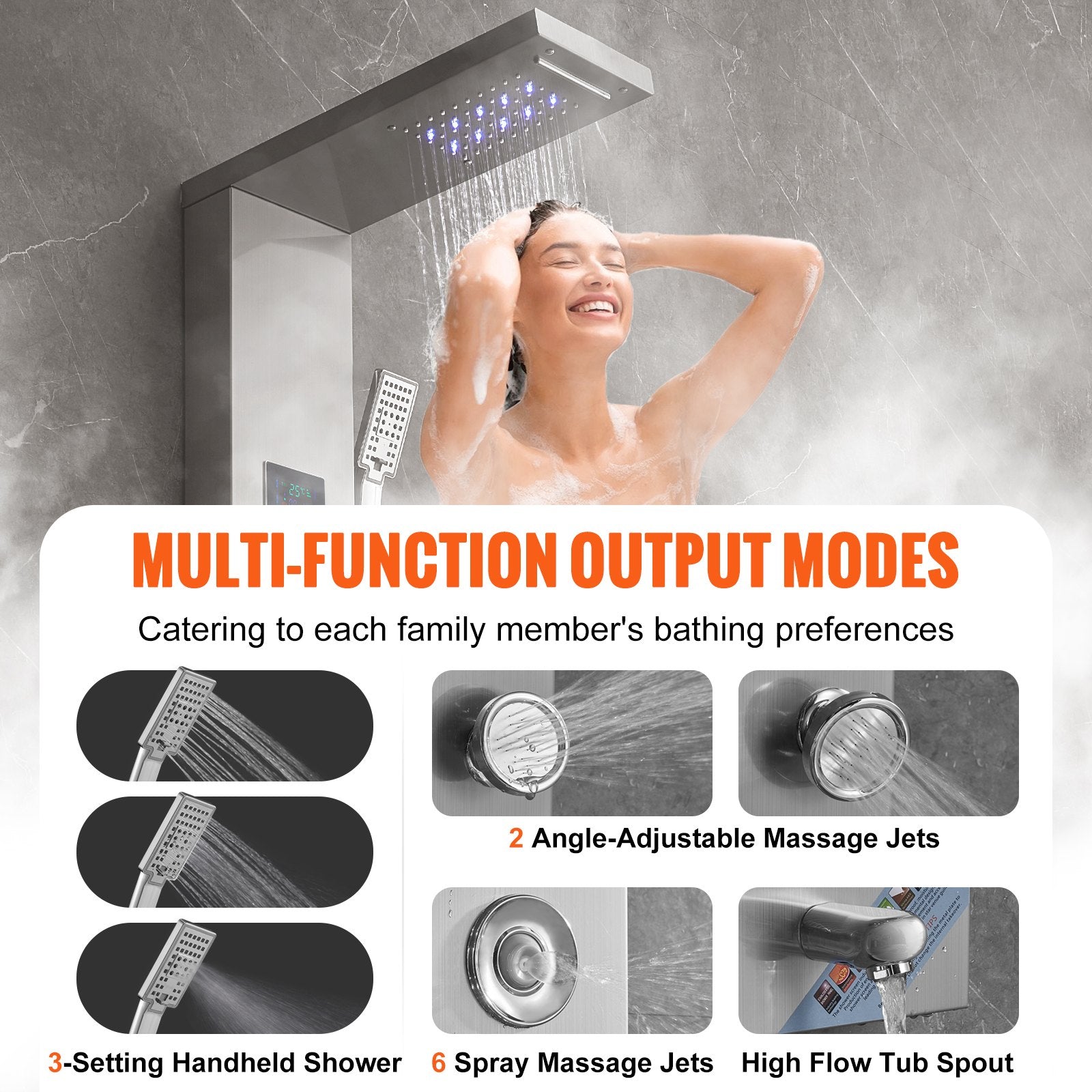 Shower Panel System 6 Modes LED Display 8 Massage Jets Rainfall Handheld Tub Spout