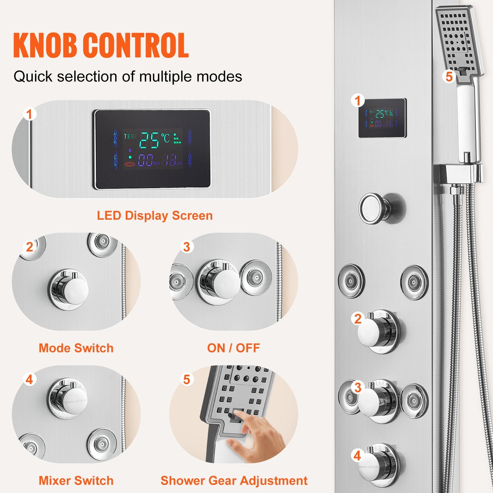Shower Panel System 6 Modes LED Display 8 Massage Jets Rainfall Handheld Tub Spout