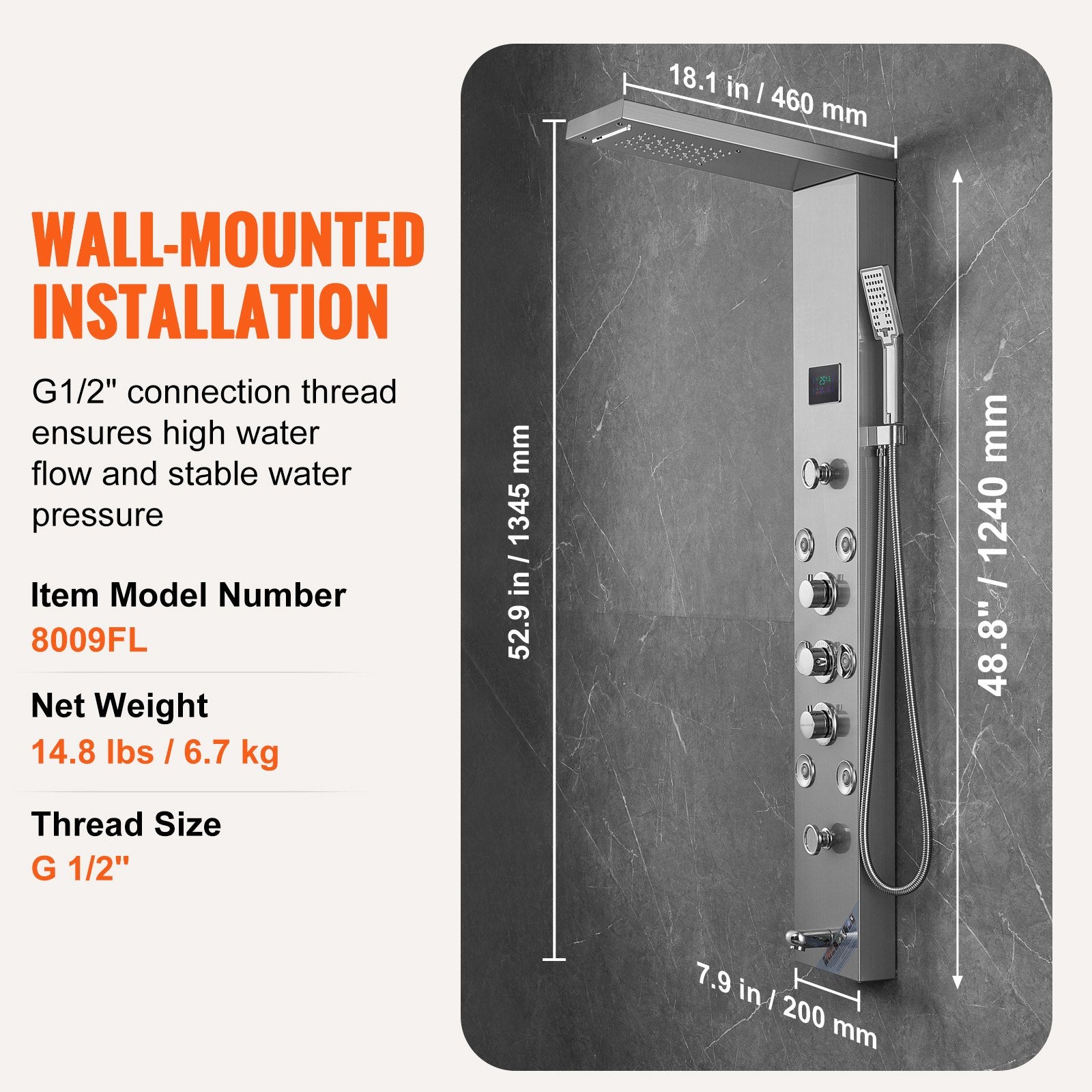 Shower Panel System 6 Modes LED Display 8 Massage Jets Rainfall Handheld Tub Spout