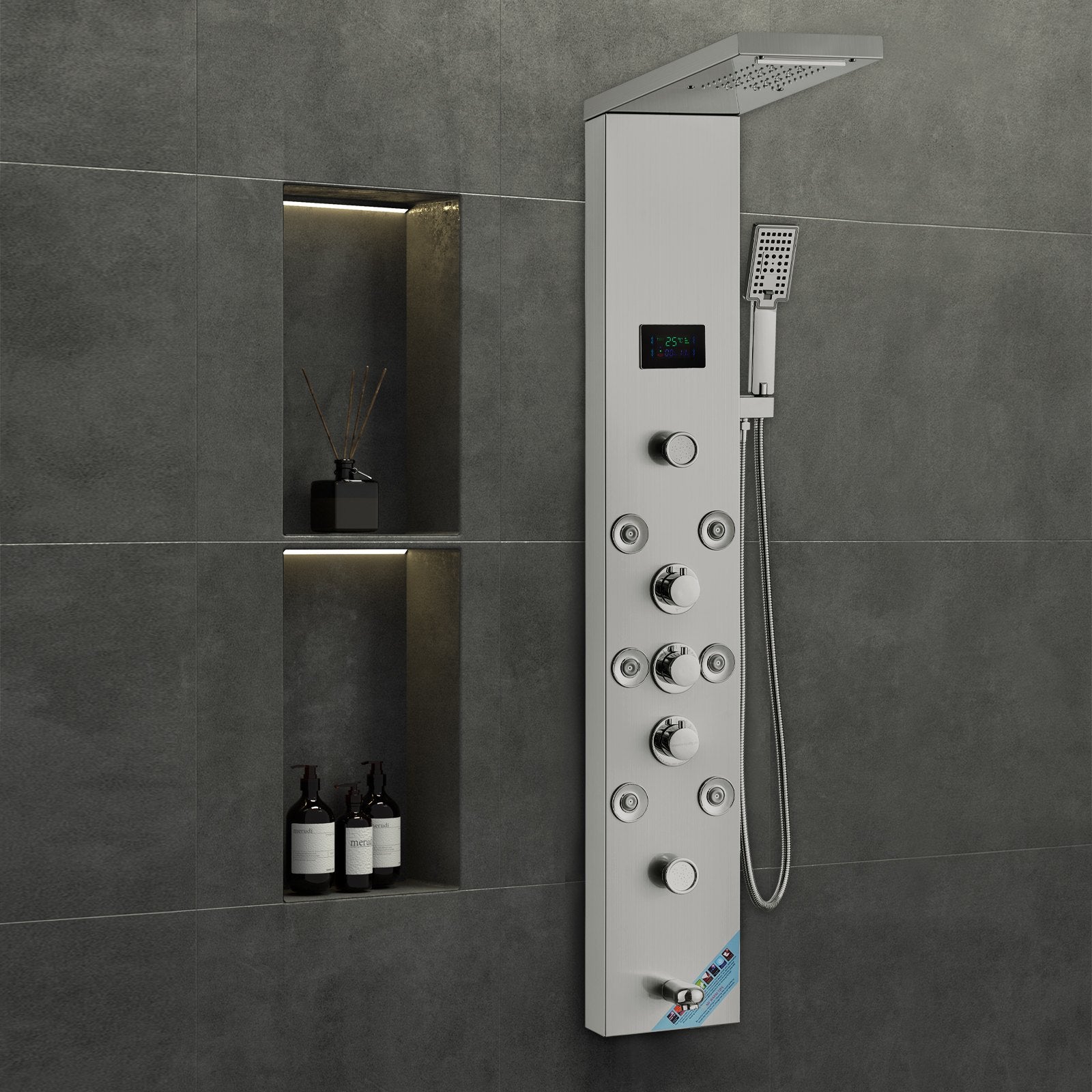 Shower Panel System 6 Modes LED Display 8 Massage Jets Rainfall Handheld Tub Spout