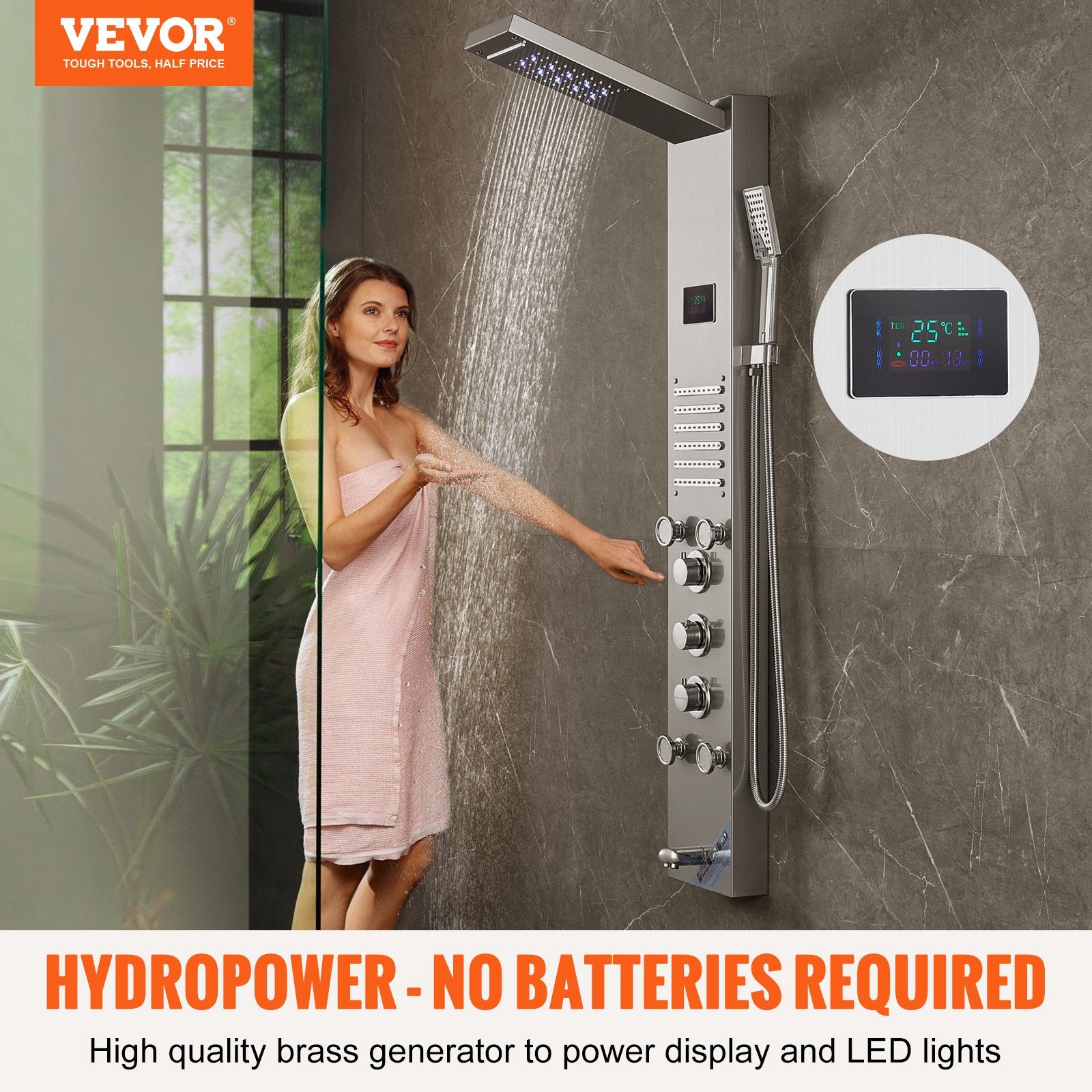 Shower Panel System 6 Modes LED Display 5 Massage Jets Rainfall Handheld Tub Spout