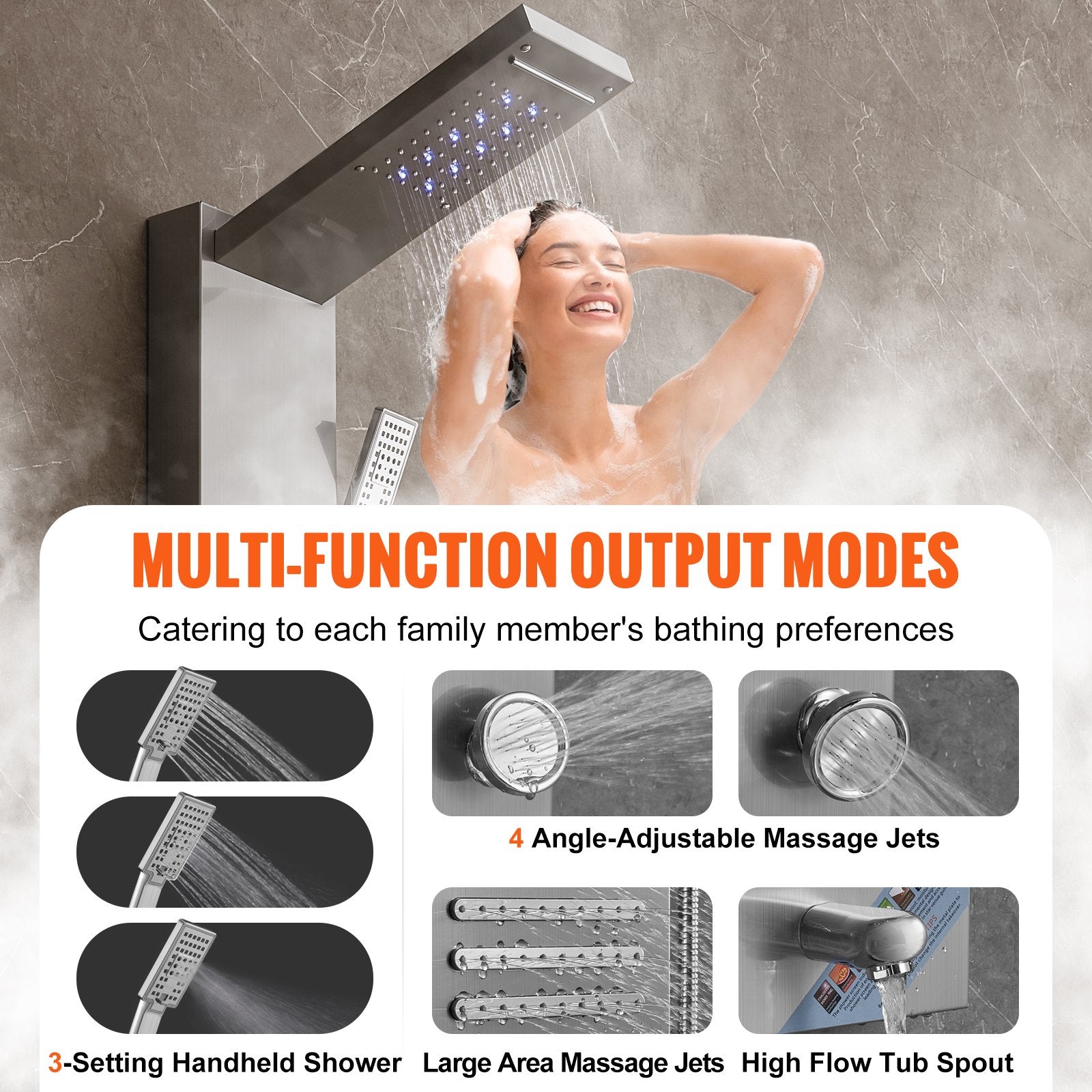 Shower Panel System 6 Modes LED Display 5 Massage Jets Rainfall Handheld Tub Spout