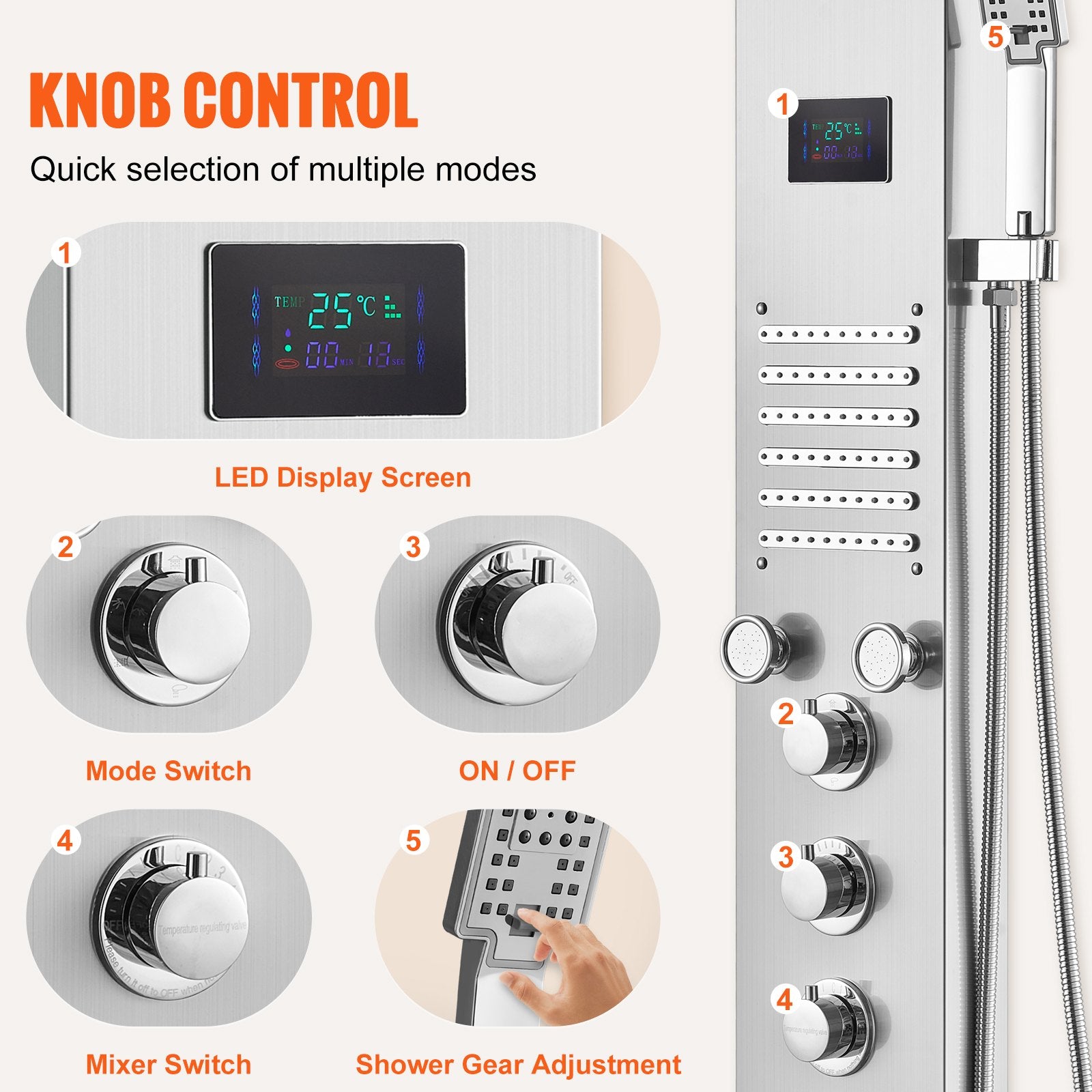 Shower Panel System 6 Modes LED Display 5 Massage Jets Rainfall Handheld Tub Spout