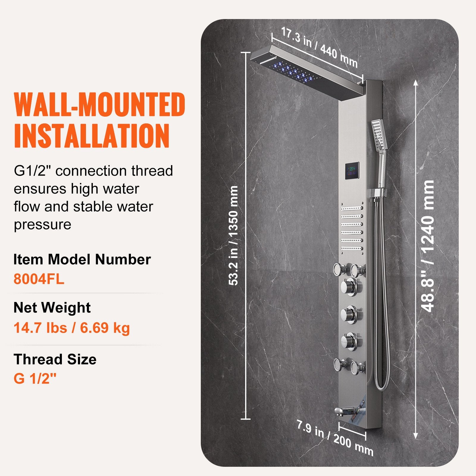 Shower Panel System 6 Modes LED Display 5 Massage Jets Rainfall Handheld Tub Spout