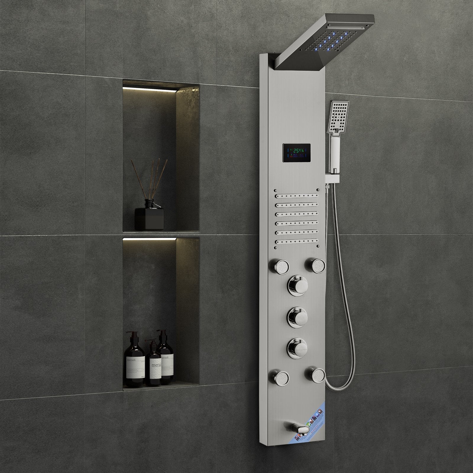 Shower Panel System 6 Modes LED Display 5 Massage Jets Rainfall Handheld Tub Spout