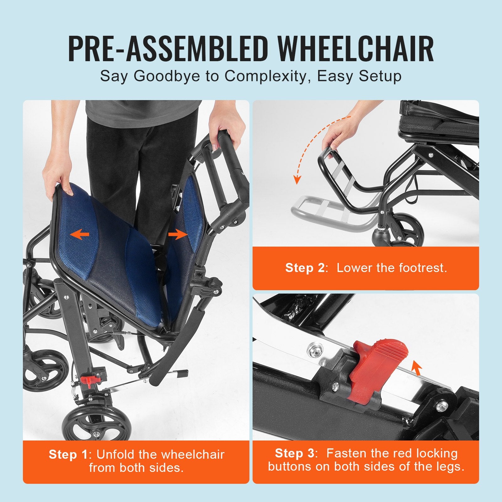 Wheelchair Aluminum Alloy Lightweight Foldable Transport Chair 220lbs 15.75in