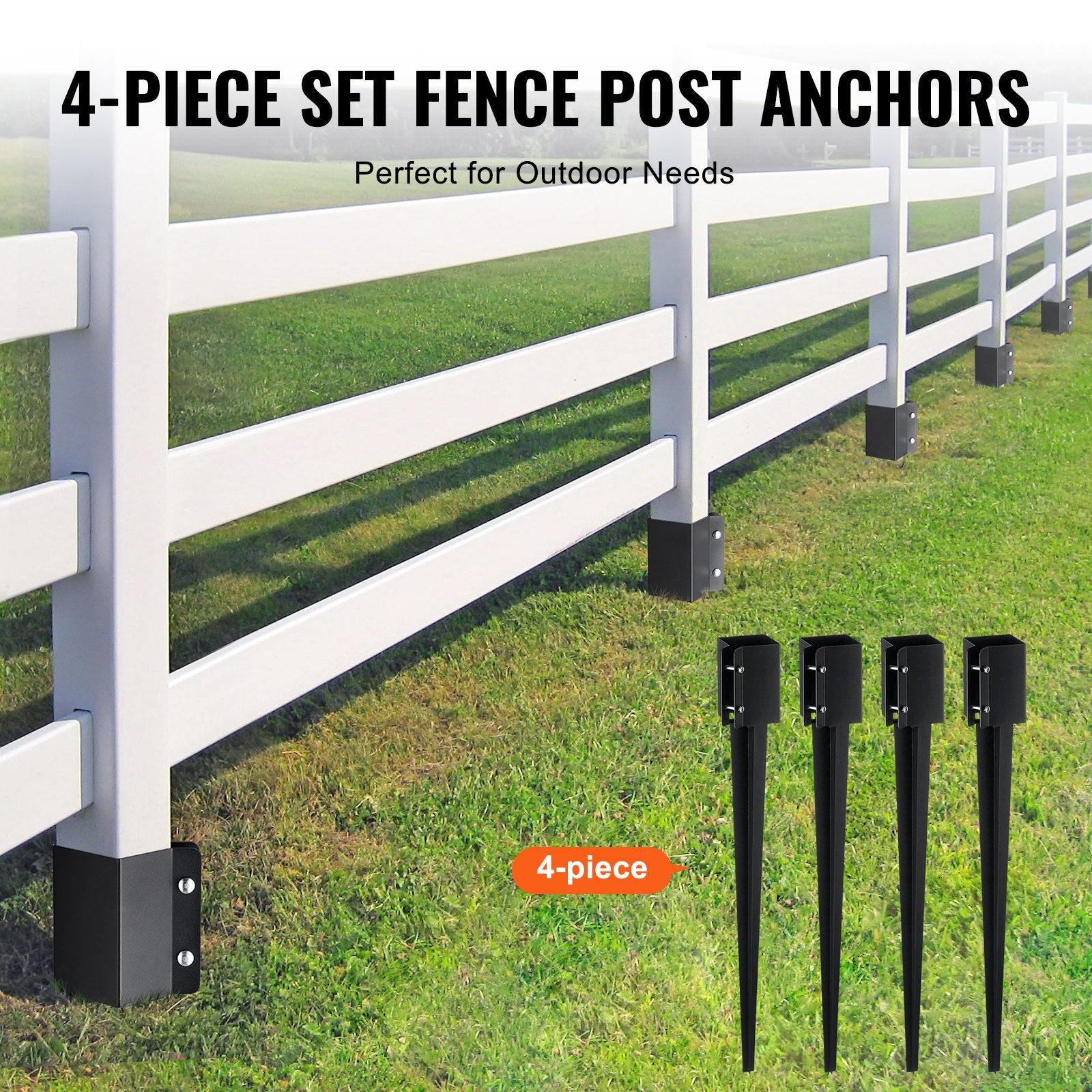 Fence Post Anchor Ground Spike 4-Pack 91x11x11cm Metal Black Powder Coated
