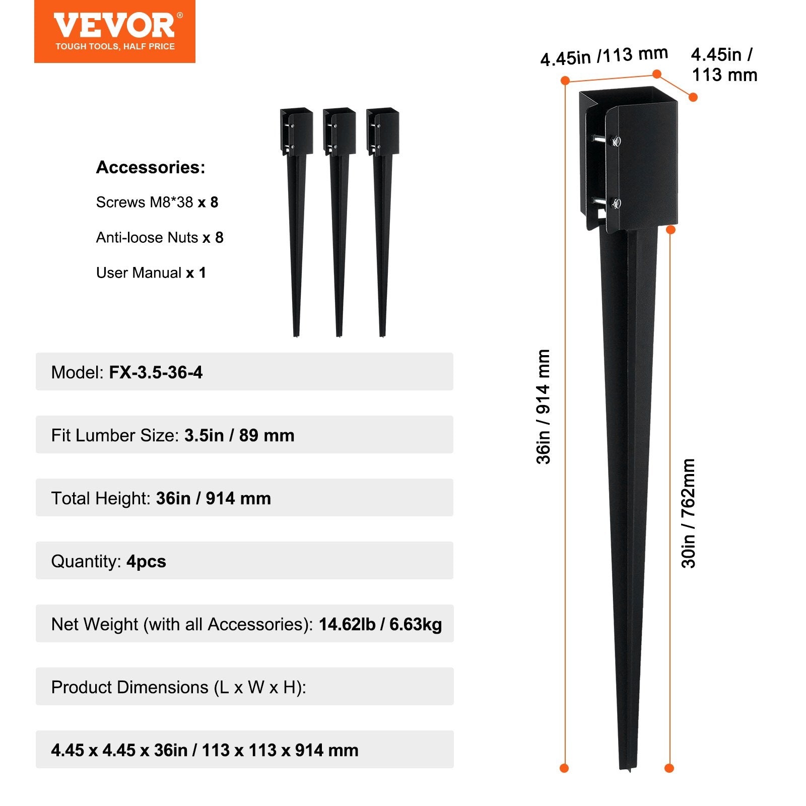 Fence Post Anchor Ground Spike 4-Pack 91x11x11cm Metal Black Powder Coated