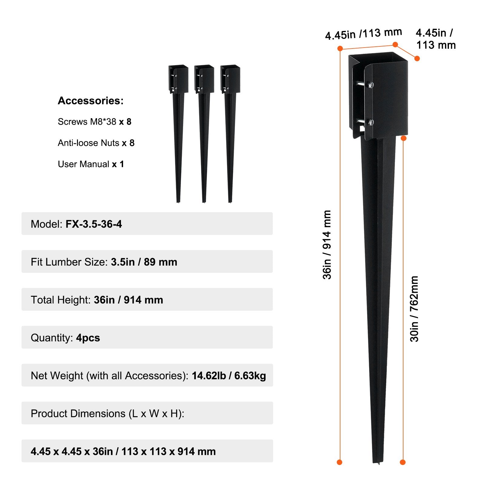 Fence Post Anchor Ground Spike 4-Pack 91x11x11cm Metal Black Powder Coated