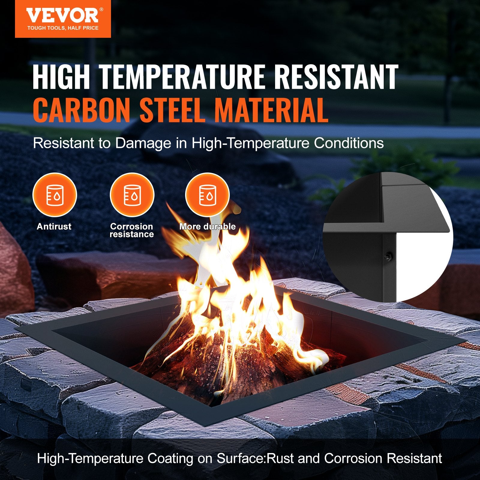 36x36 in Square Fire Pit Ring, 30x30 in Inner, 10" Height, Heavy Duty Steel