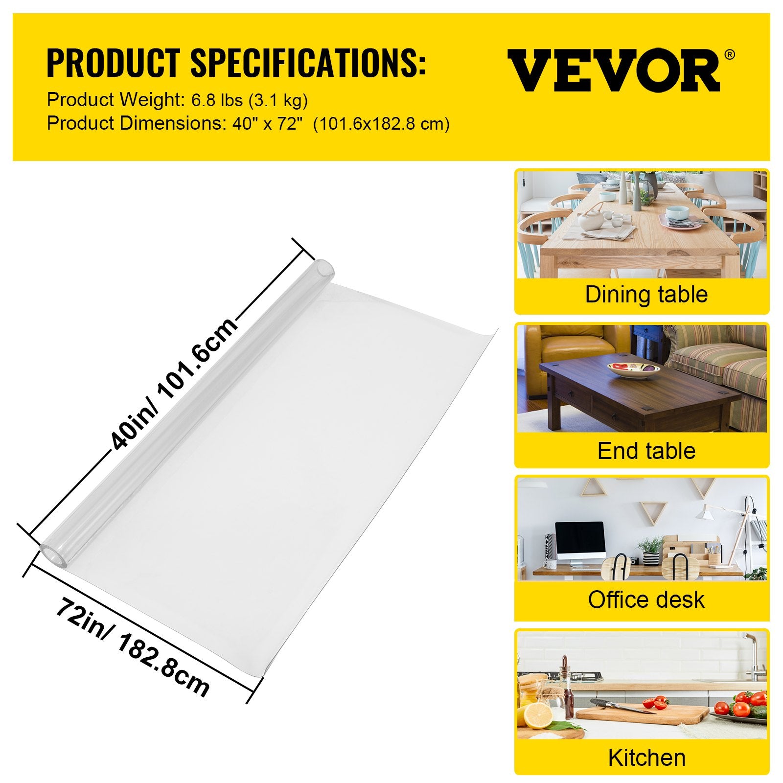 Plastic Table Cover 101.6x182.8cm 1.5mm Clear Waterproof Protector