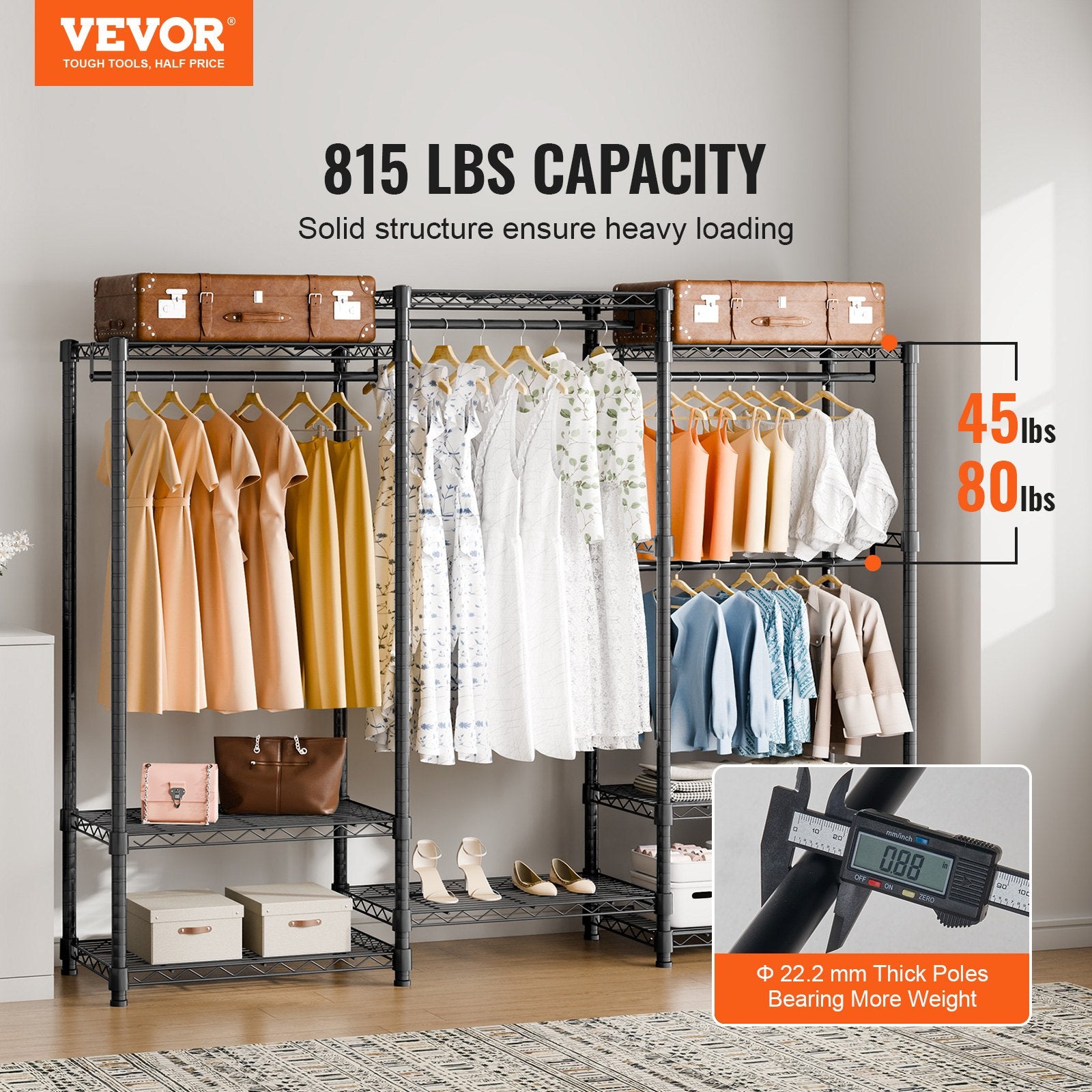 Heavy Duty Clothes Rack Rolling Wardrobe with Shelves 800 lbs