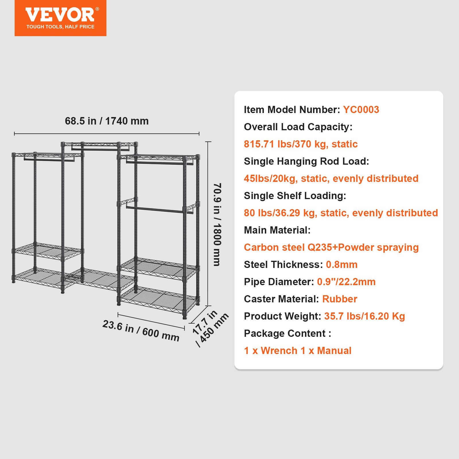 Heavy Duty Clothes Rack Rolling Wardrobe with Shelves 800 lbs