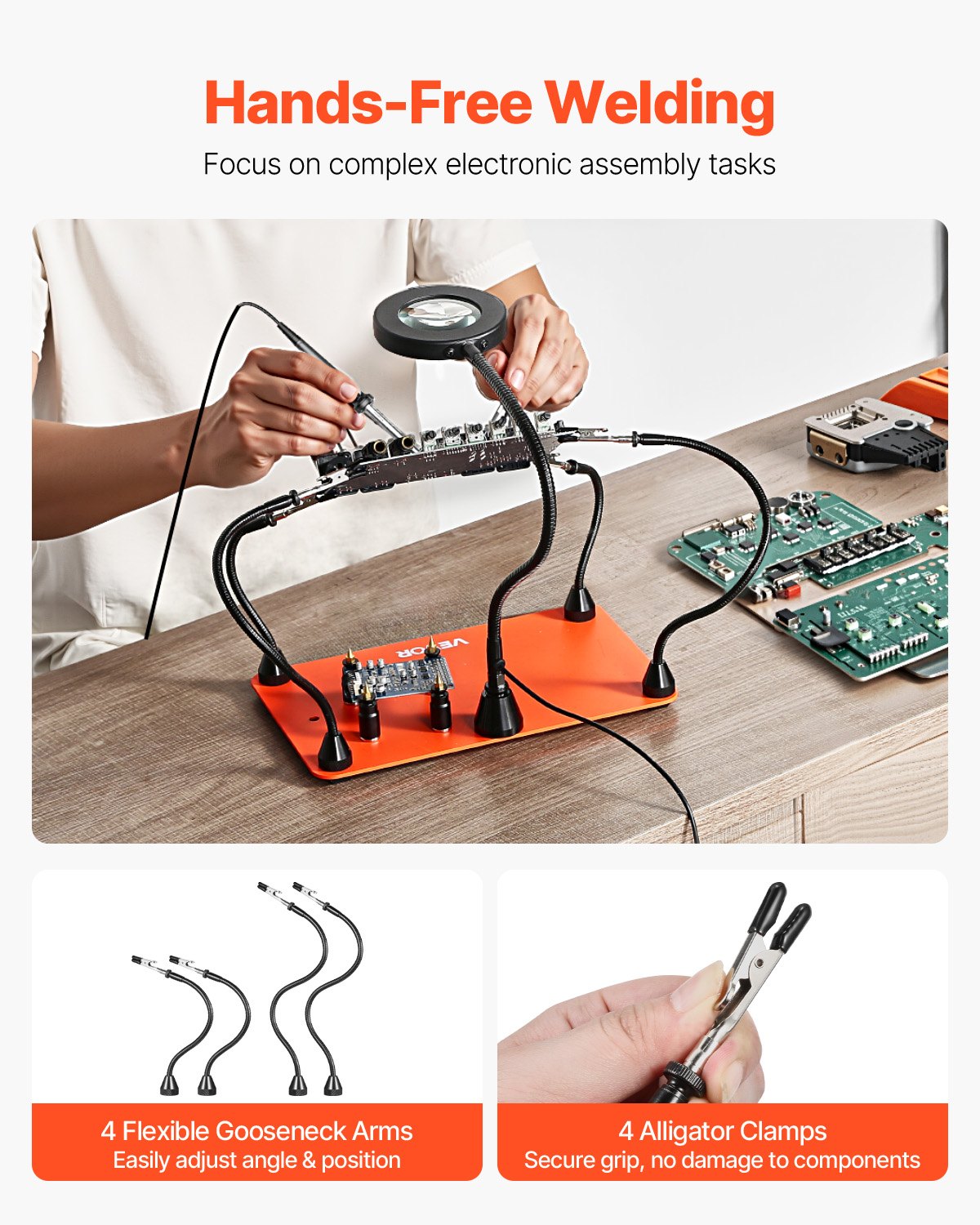 Soldering Station Magnetic Helping Hands 4 Arms Third Hand 3X LED Lamp 4 PCB