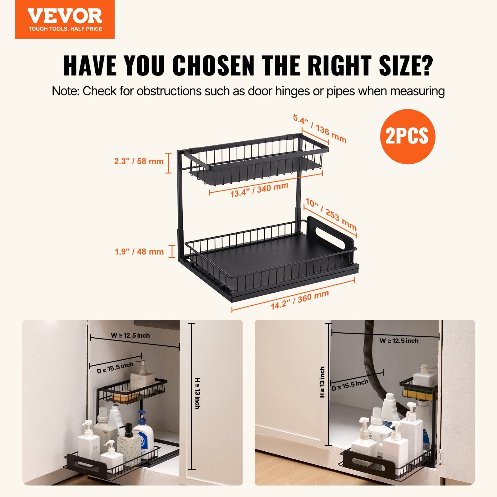 2 Tier Pull Out Cabinet Organizer Under Sink Slide Out Drawer Wire Basket Shelf