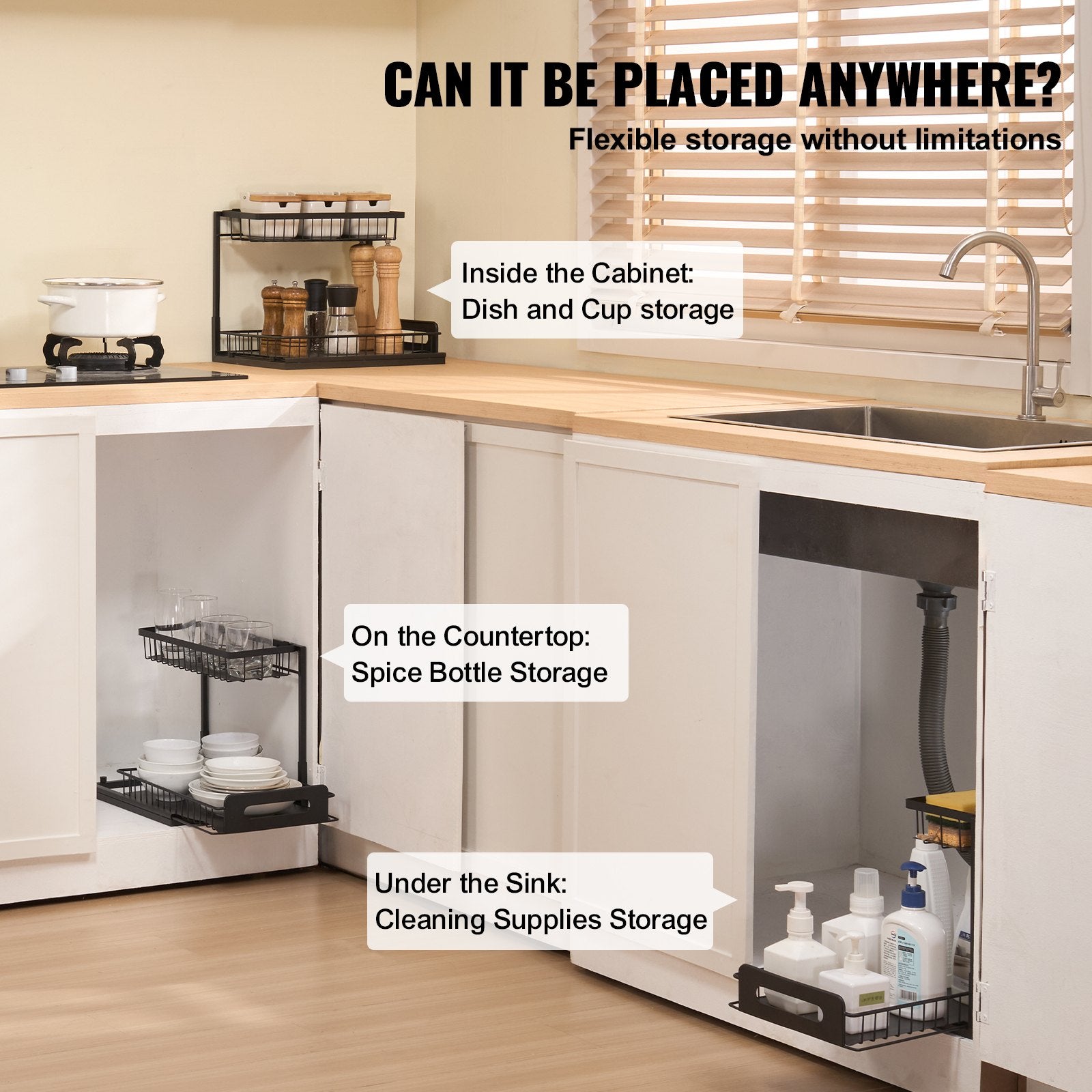 2 Tier Pull Out Cabinet Organizer Under Sink Slide Out Drawer Wire Basket Shelf