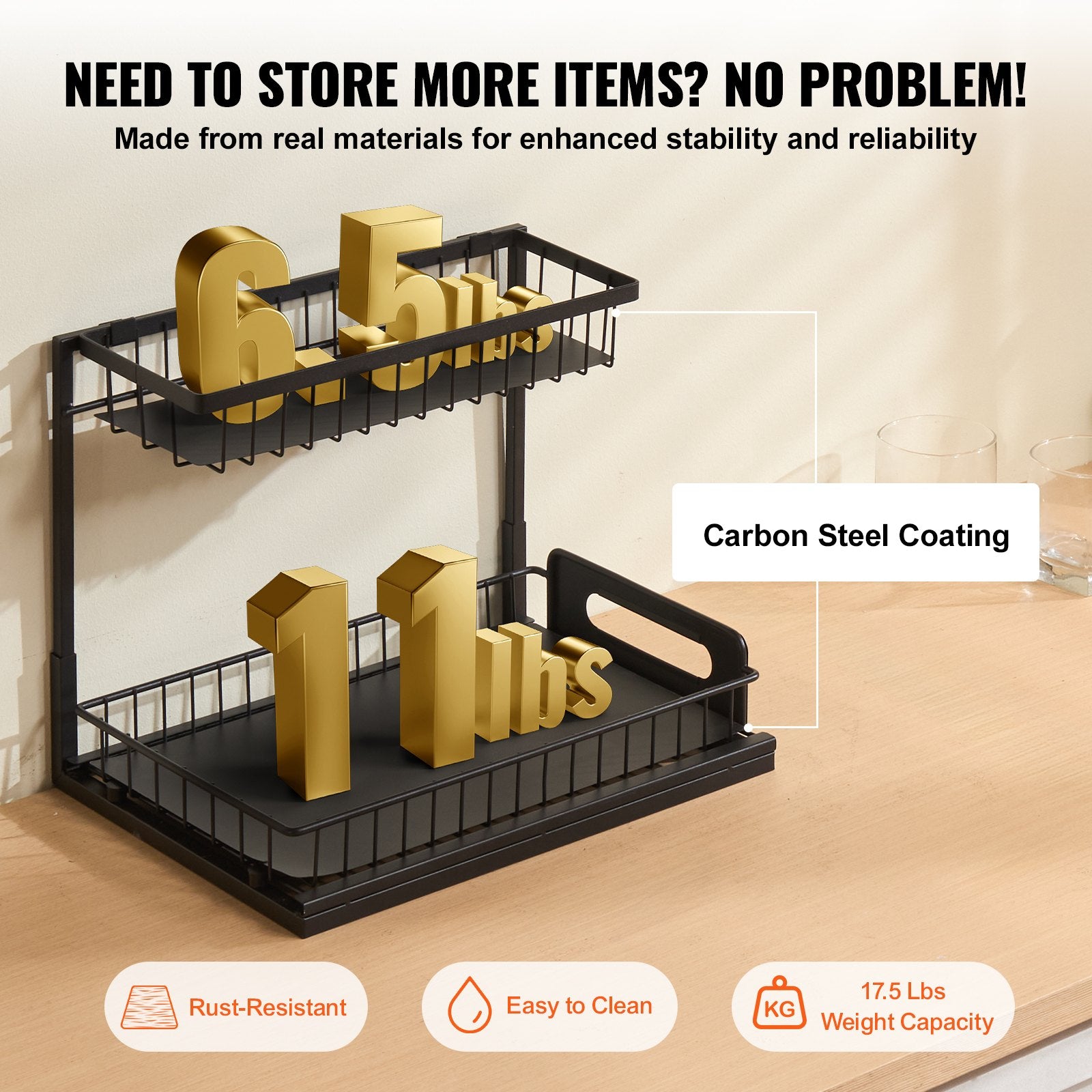 2 Tier Pull Out Cabinet Organizer Under Sink Slide Out Drawer Wire Basket Shelf