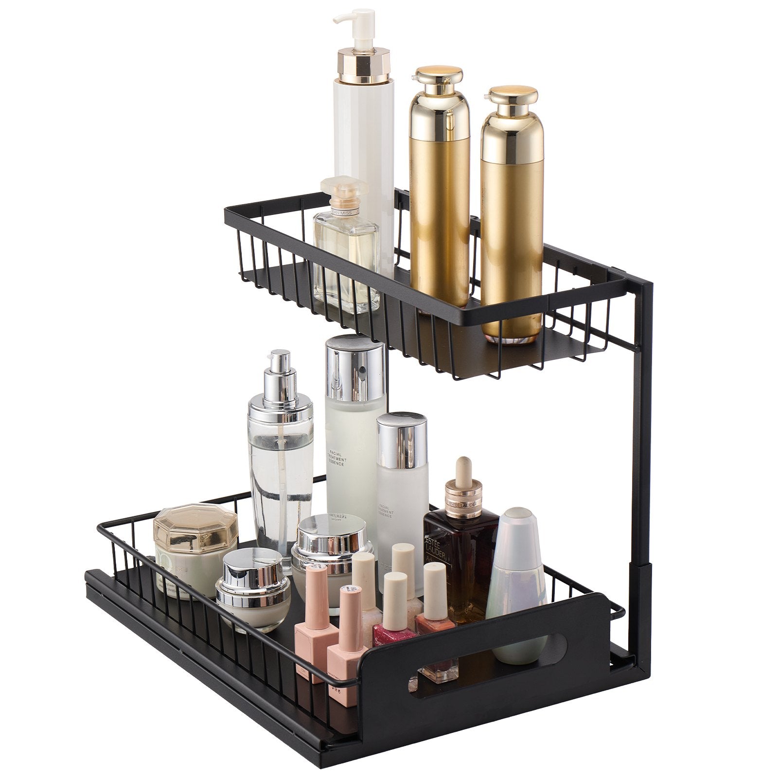 2 Tier Pull Out Cabinet Organizer Under Sink Slide Out Drawer Wire Basket Shelf