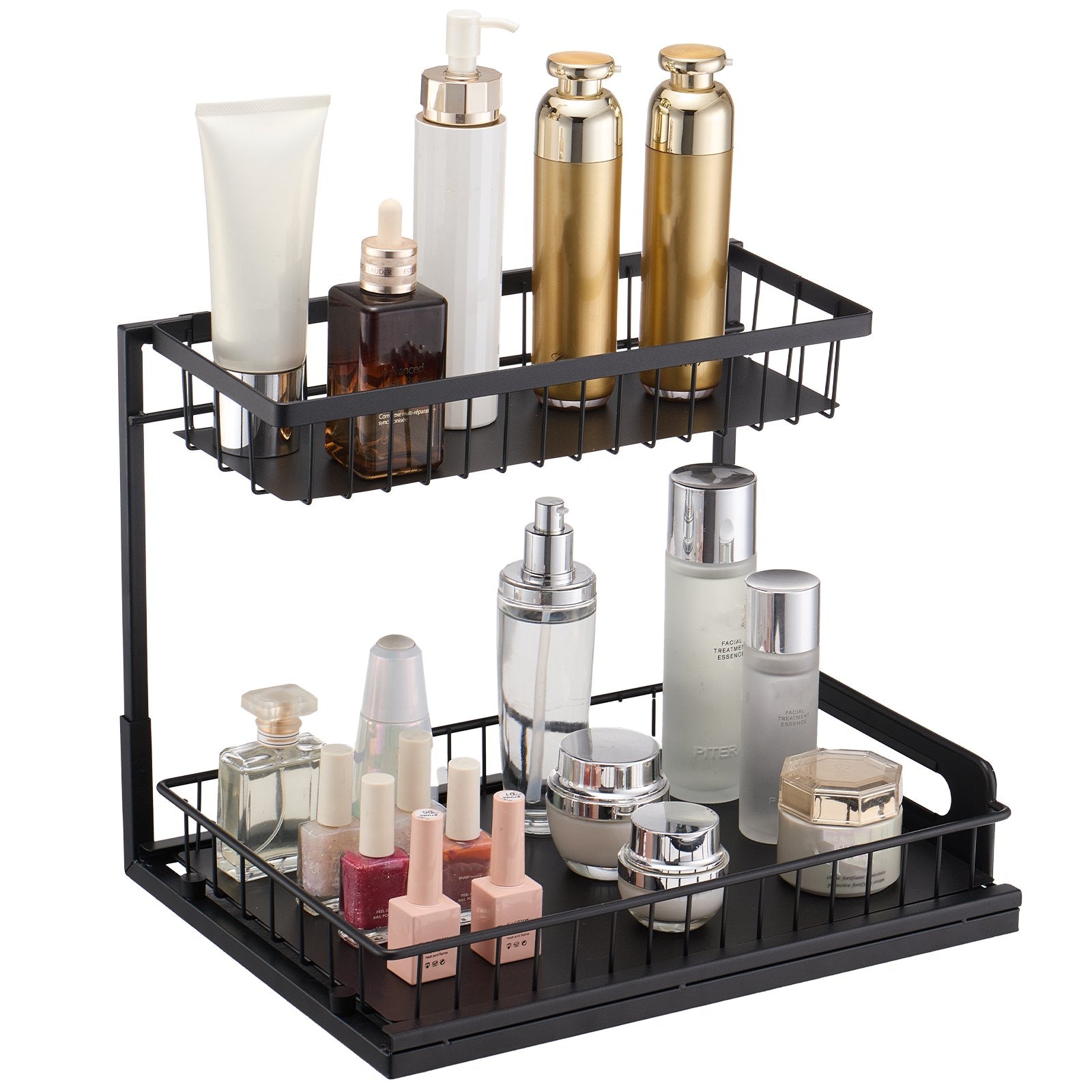 2 Tier Pull Out Cabinet Organizer Under Sink Slide Out Drawer Wire Basket Shelf
