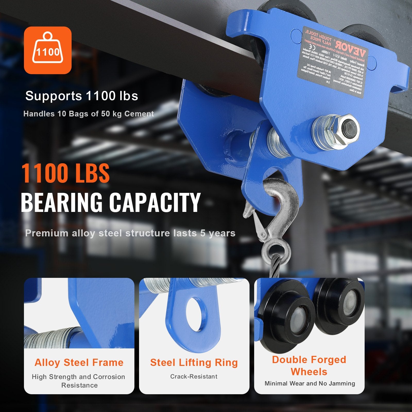 0.5 Ton Push Beam Trolley Dual Wheel Adjustable I-Beam Heavy Duty