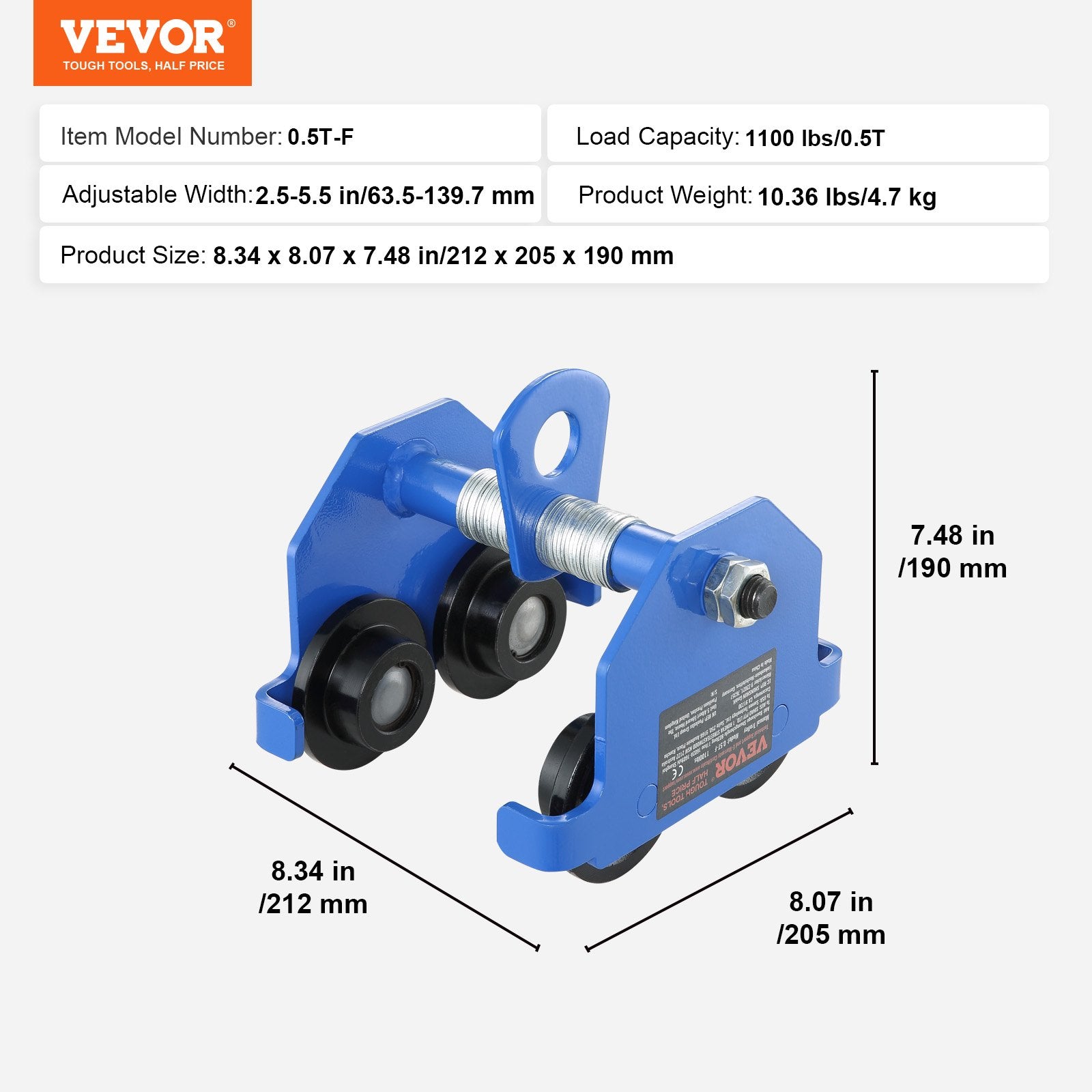 0.5 Ton Push Beam Trolley Dual Wheel Adjustable I-Beam Heavy Duty