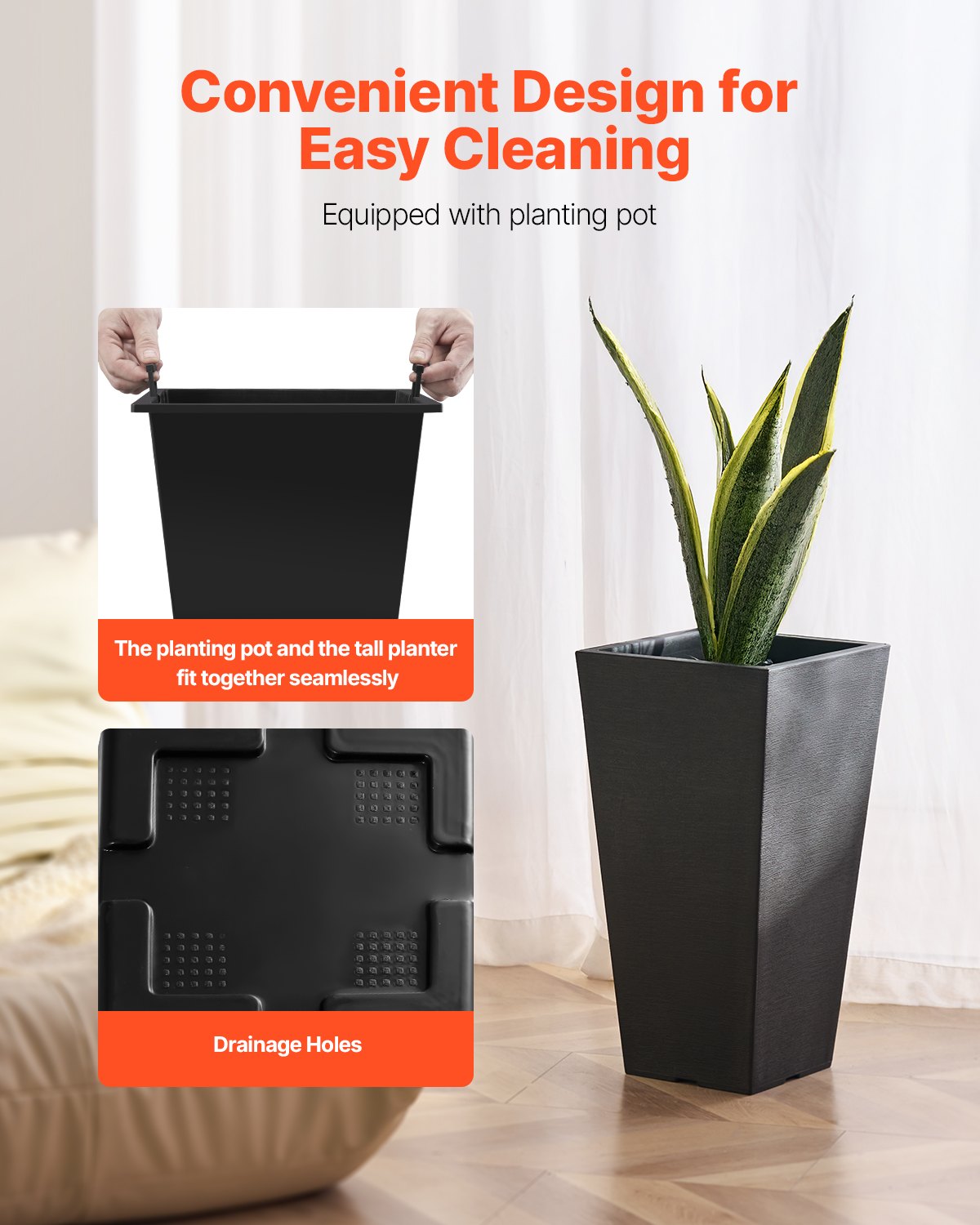 Tall Planter Set of 2 Square Tapered 57cm Plastic Pots for In/Outdoor