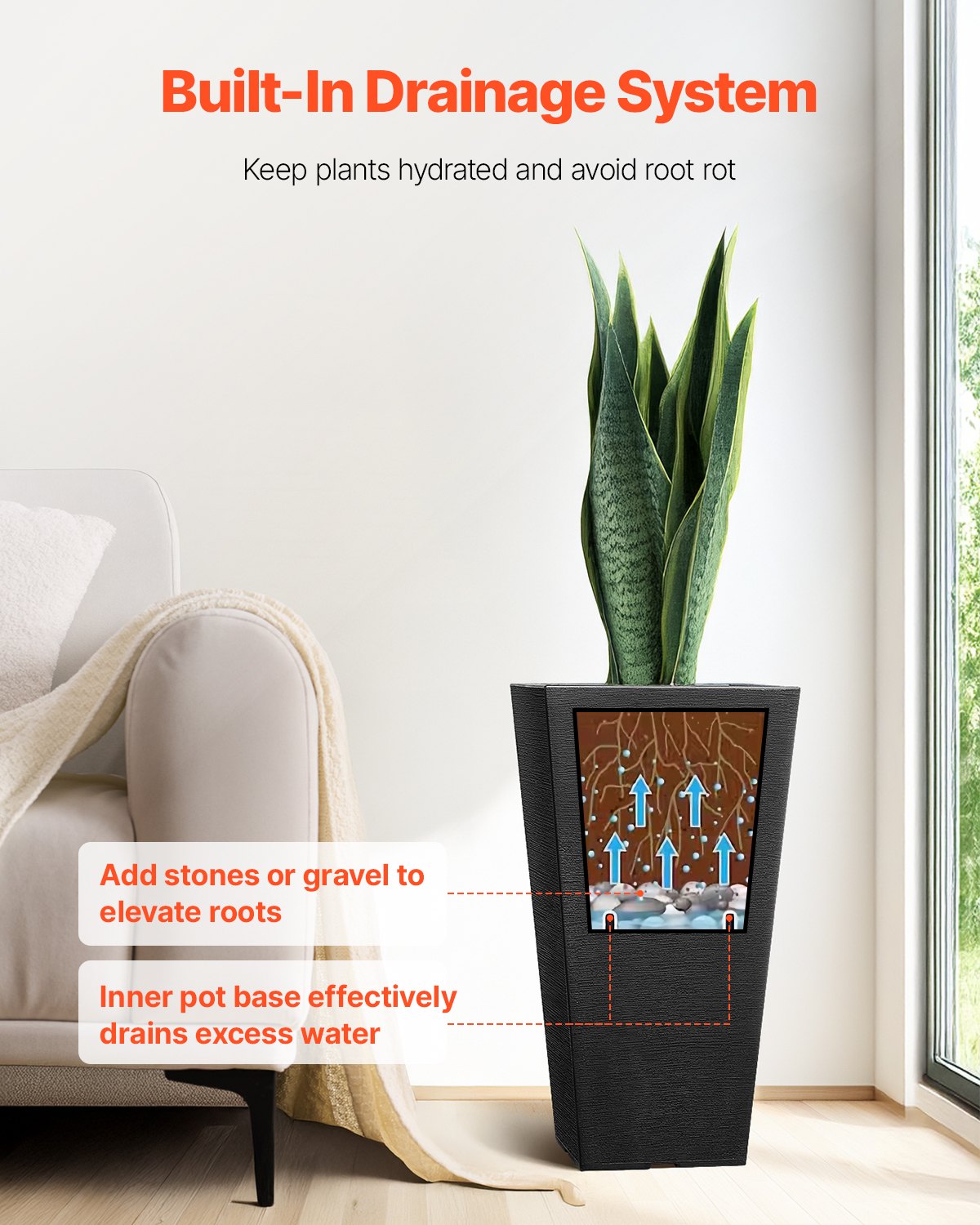 Tall Planter Set of 2 Square Tapered 57cm Plastic Pots for In/Outdoor