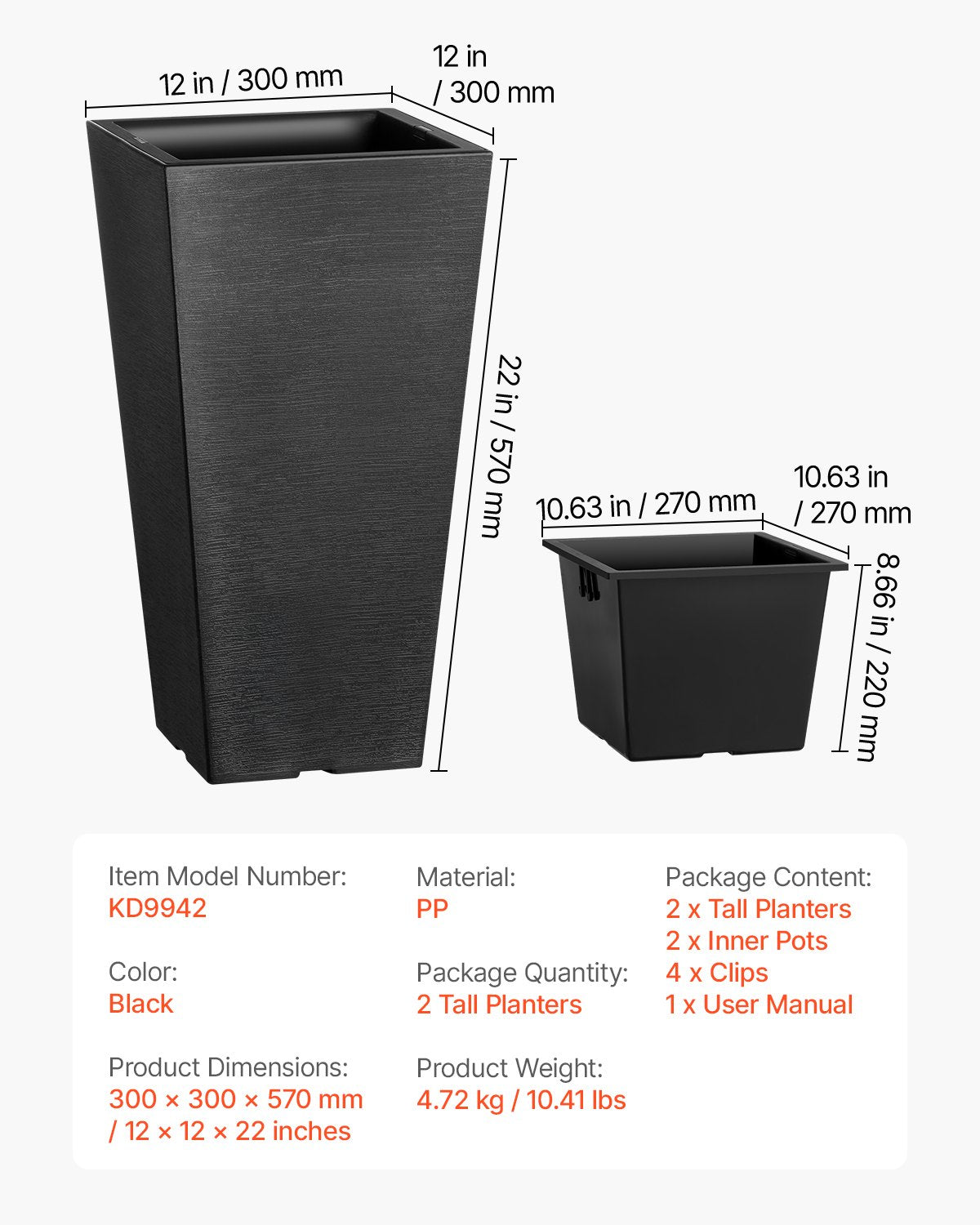 Tall Planter Set of 2 Square Tapered 57cm Plastic Pots for In/Outdoor