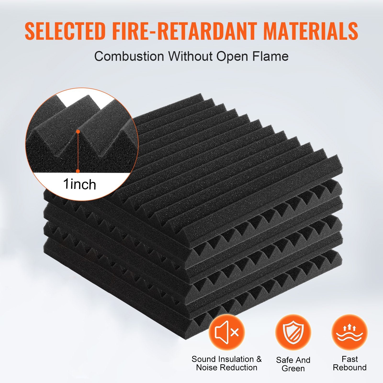 Acoustic Foam Panels 52 Pack 12x12x1 Inch High Density Fire-Resistant Black