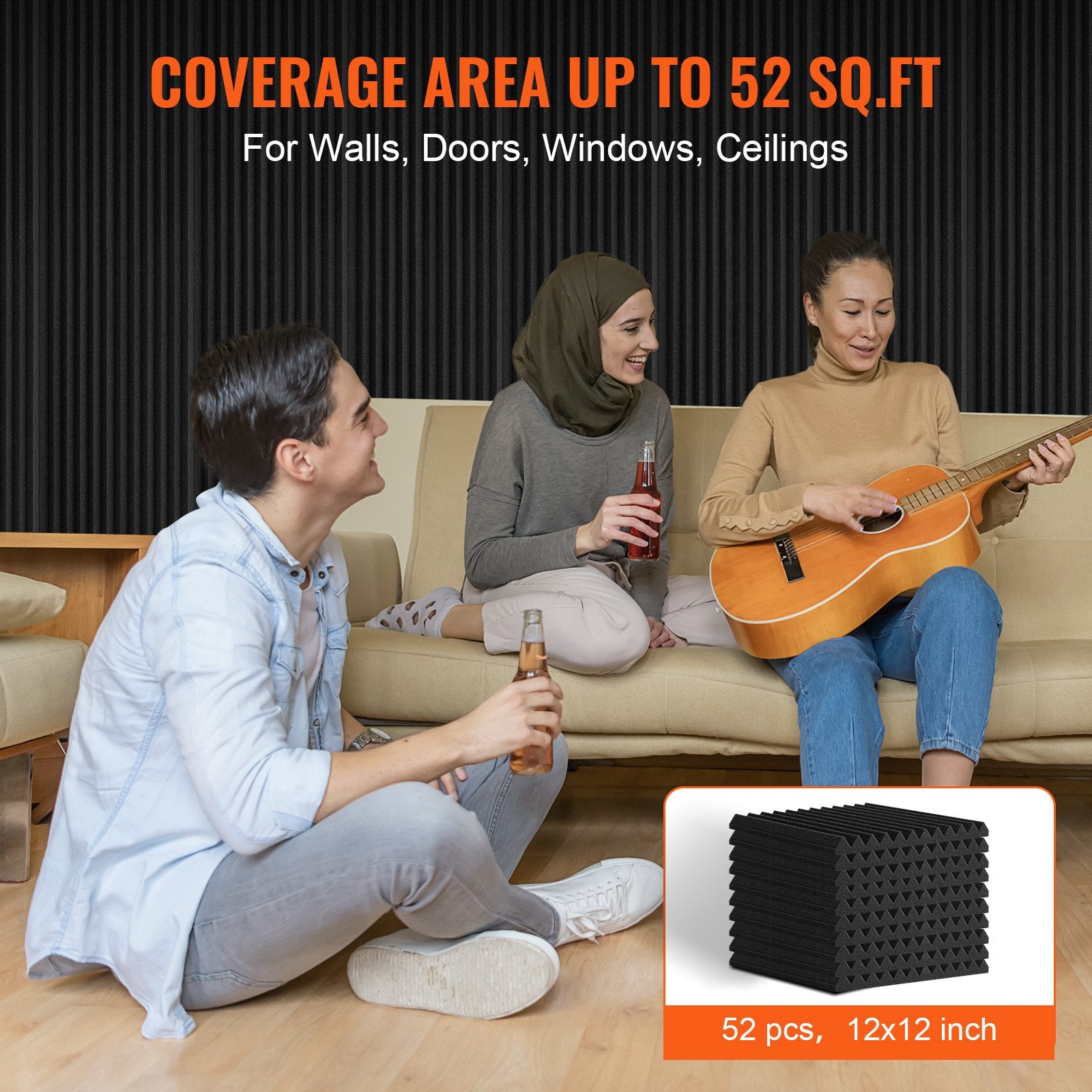Acoustic Foam Panels 52 Pack 12x12x1 Inch High Density Fire-Resistant Black