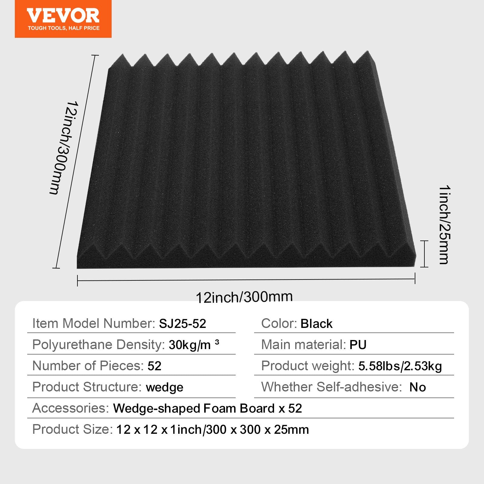Acoustic Foam Panels 52 Pack 12x12x1 Inch High Density Fire-Resistant Black