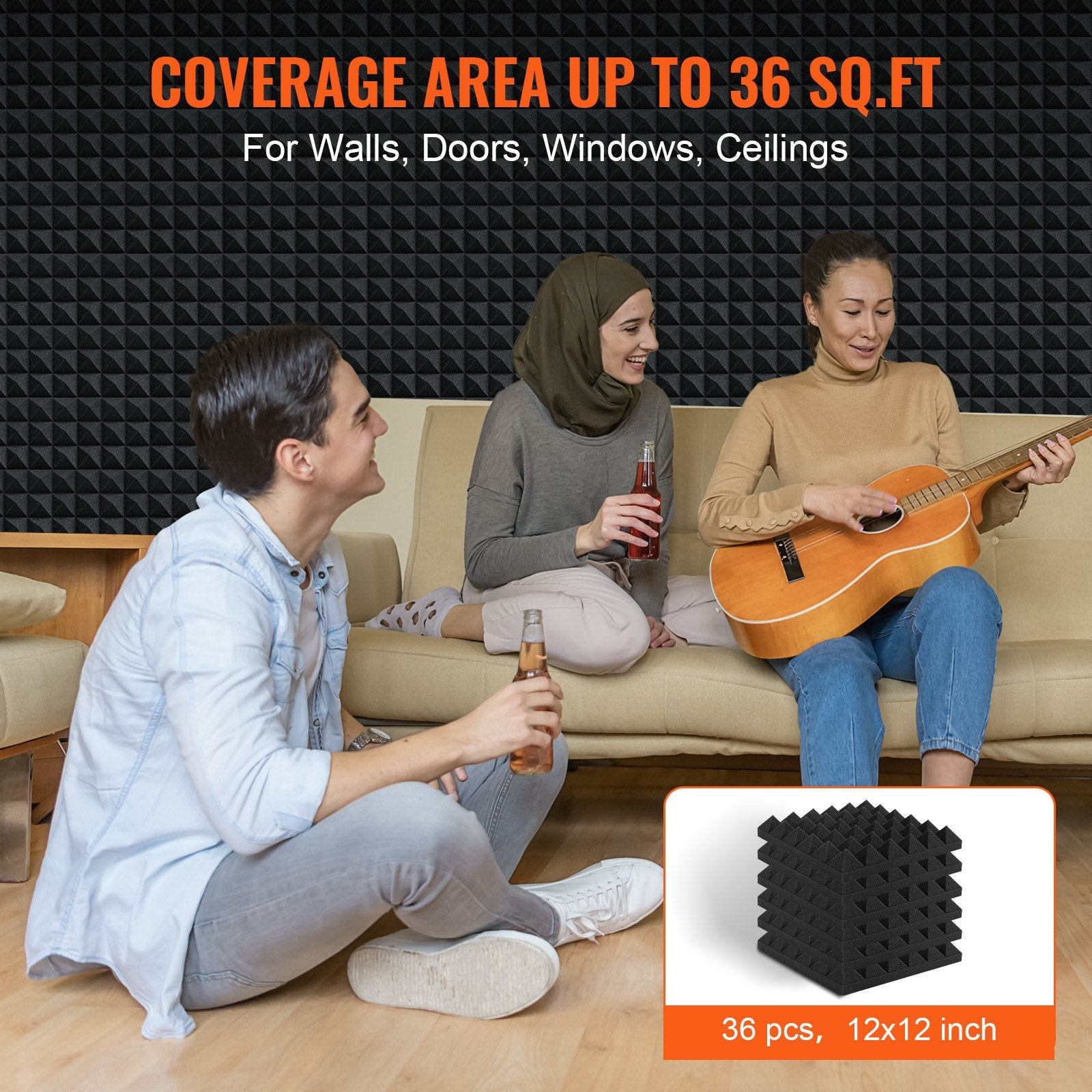 Acoustic Foam Panels 36 Pack 12x12x2 in Pyramid Soundproof Fire-Resistant Black