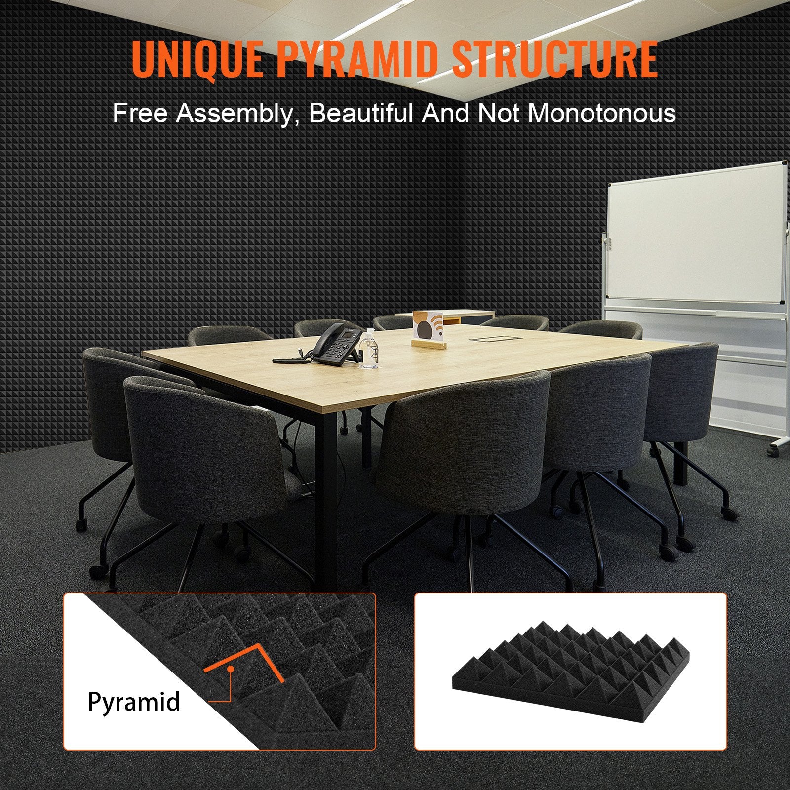 Acoustic Foam Panels 36 Pack 12x12x2 in Pyramid Soundproof Fire-Resistant Black