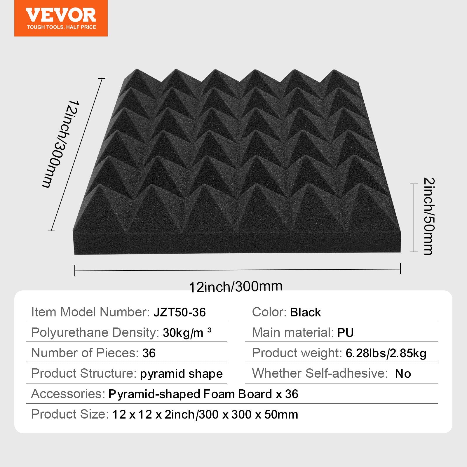 Acoustic Foam Panels 36 Pack 12x12x2 in Pyramid Soundproof Fire-Resistant Black